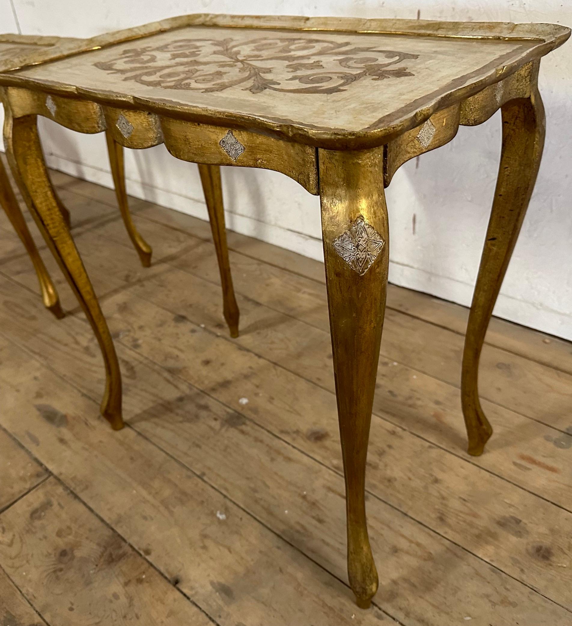 Mid-20th Century Giltwood 1950s Set of 3 Florentine Nesting or Stacking Tables For Sale