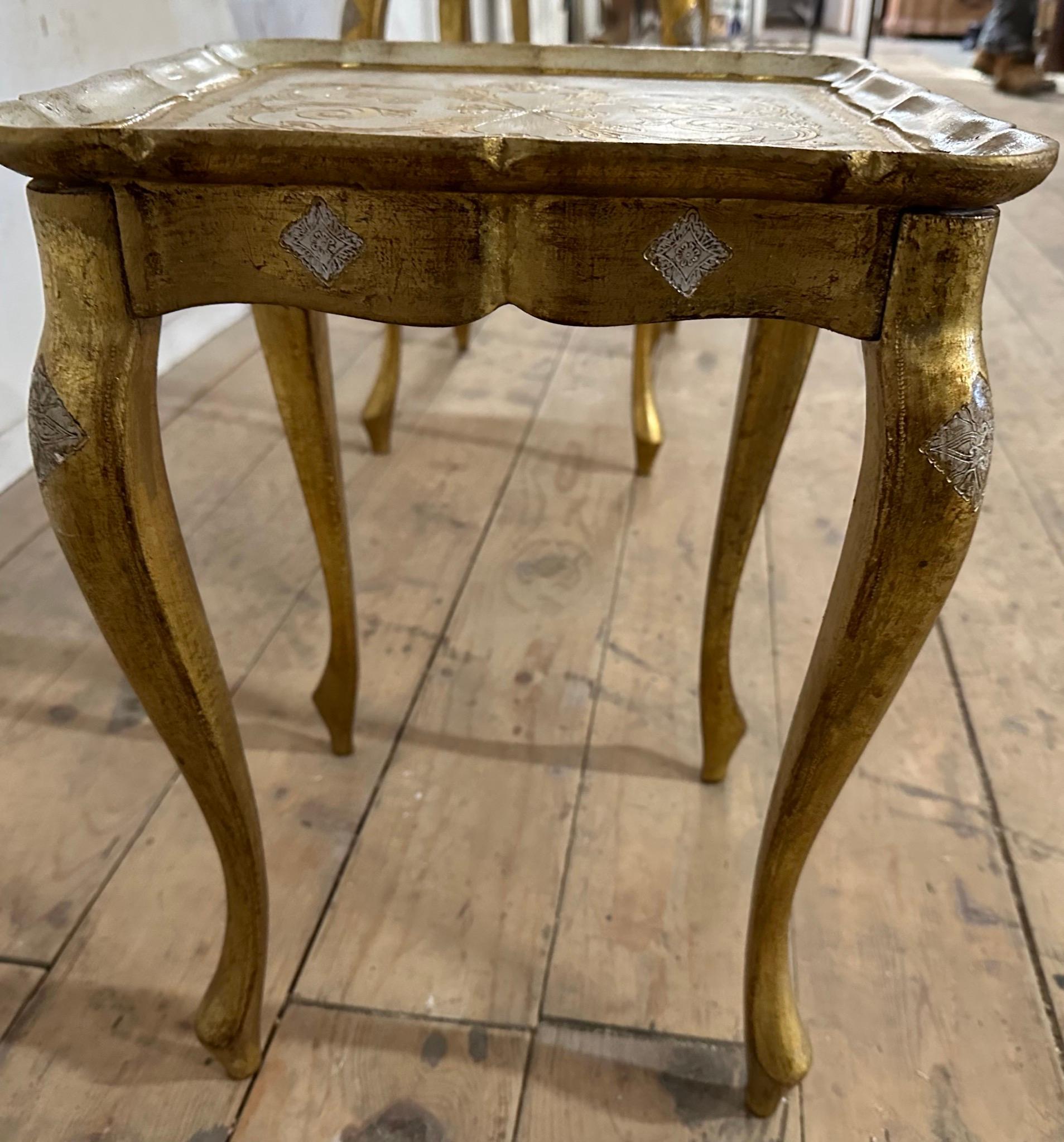 Giltwood 1950s Set of 3 Florentine Nesting or Stacking Tables In Good Condition For Sale In Sheffield, MA