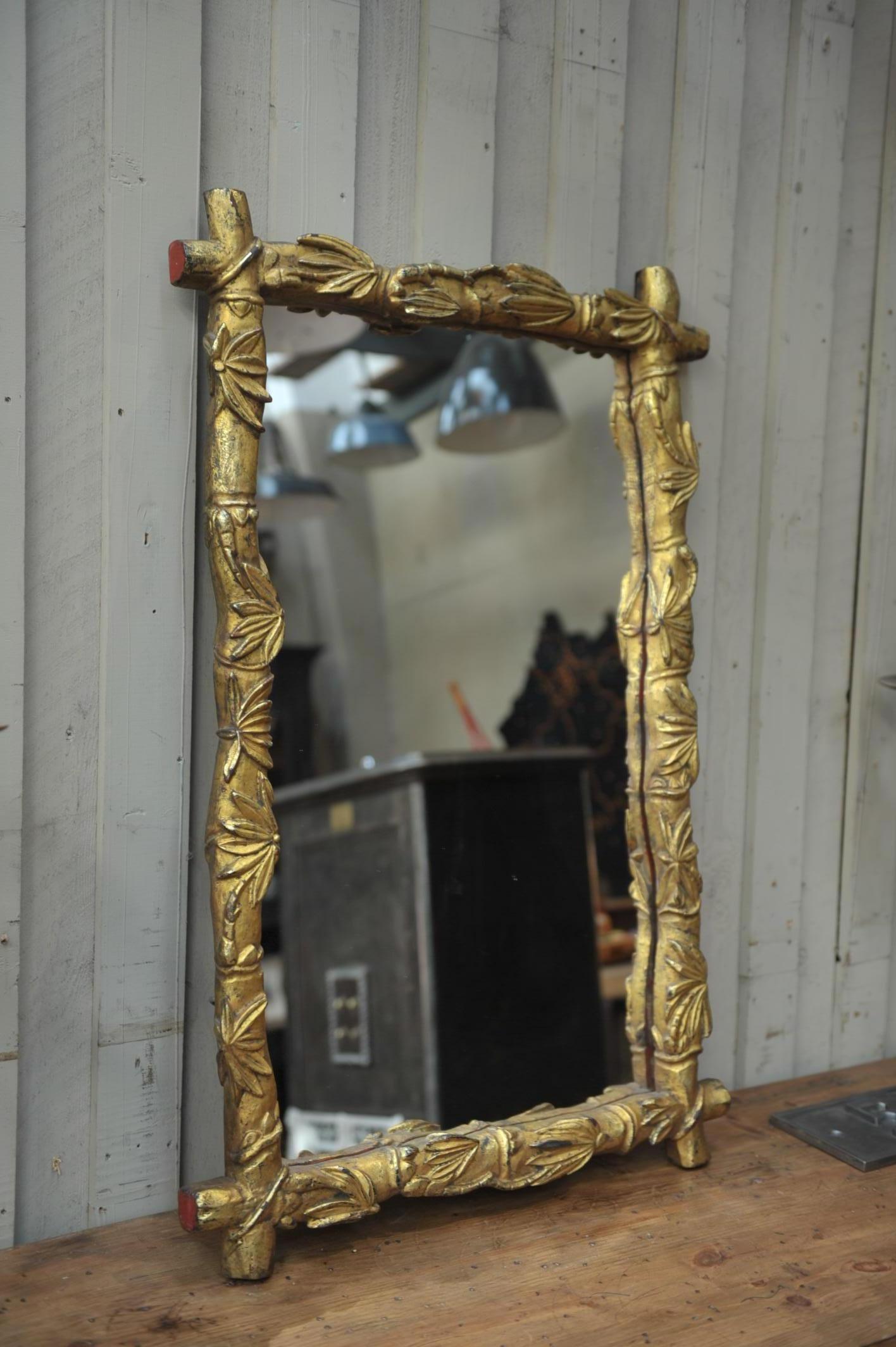 Mid-Century Modern Giltwood and Glass Mirror with Palm Tree Leaf Decor, circa 1950