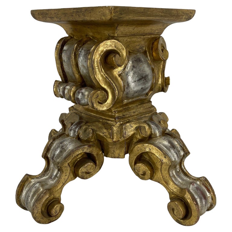 Giltwood and Silver Leaf Carved Capital Pedestal Base, Midcentury Italy ...