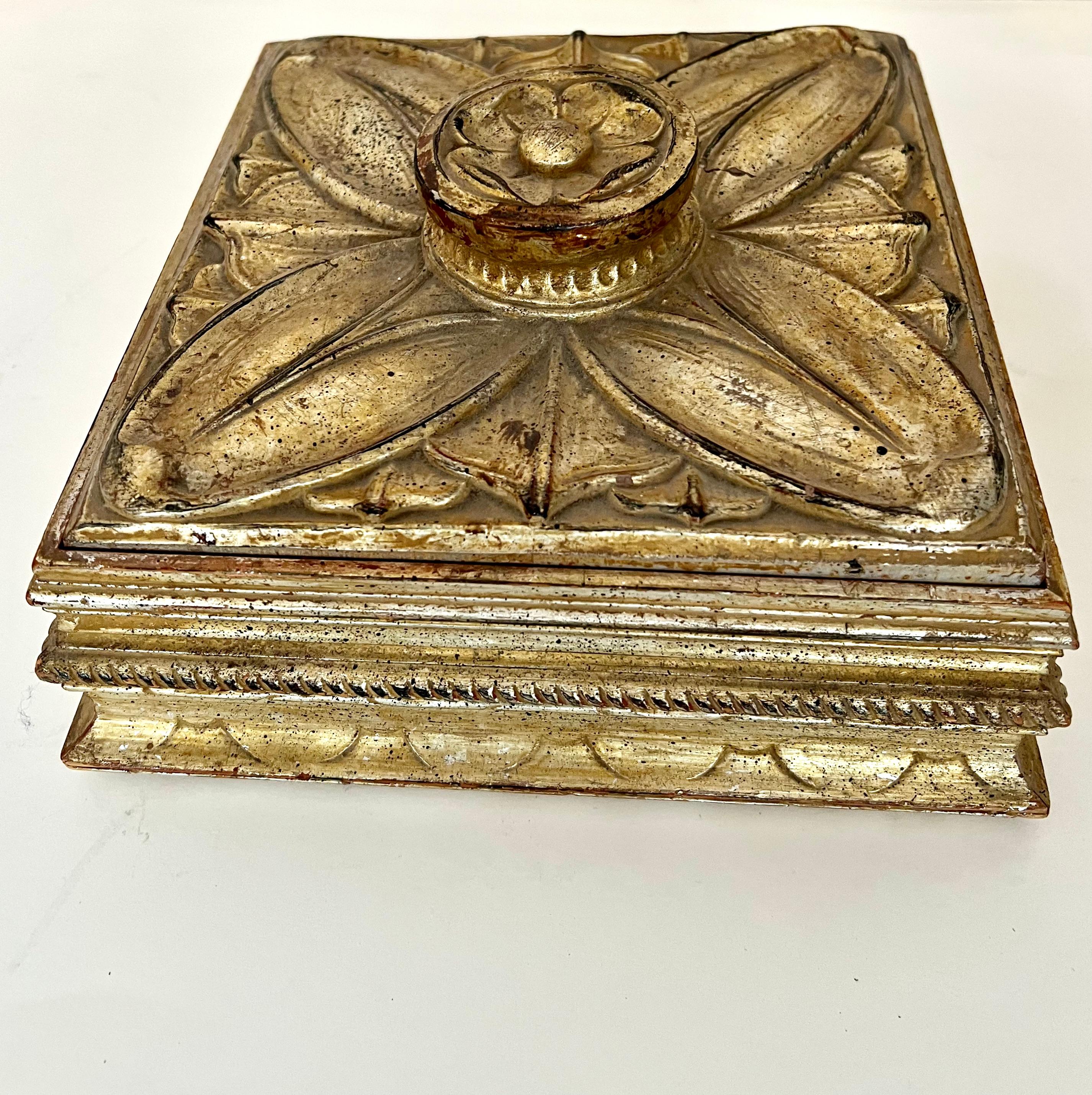 Hand-Carved Gilt Wood and Terracotta Hand Carved Italian Lidded Decorative Box  For Sale