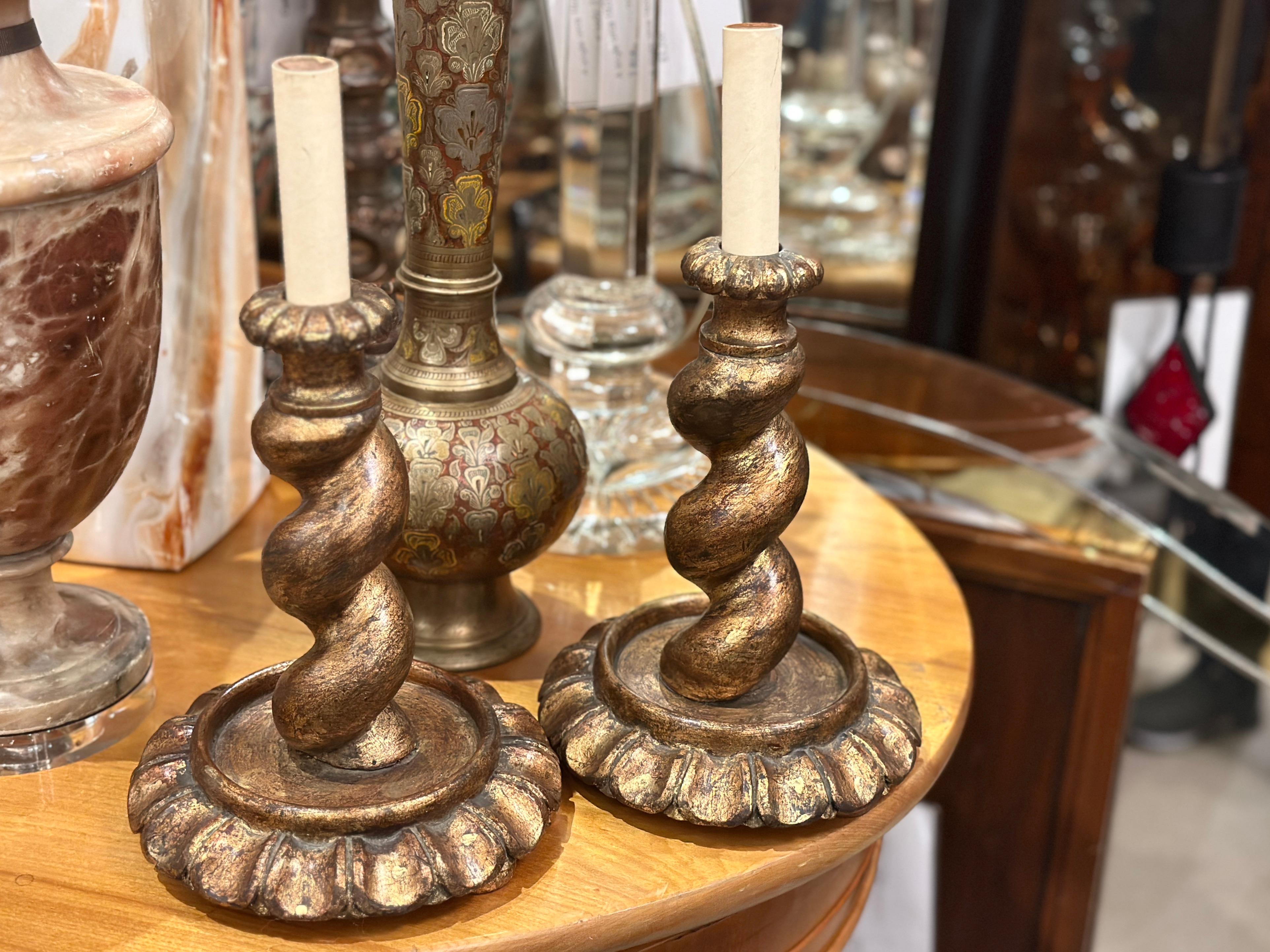 Carved Gilt Wood Candlestick Lamps For Sale