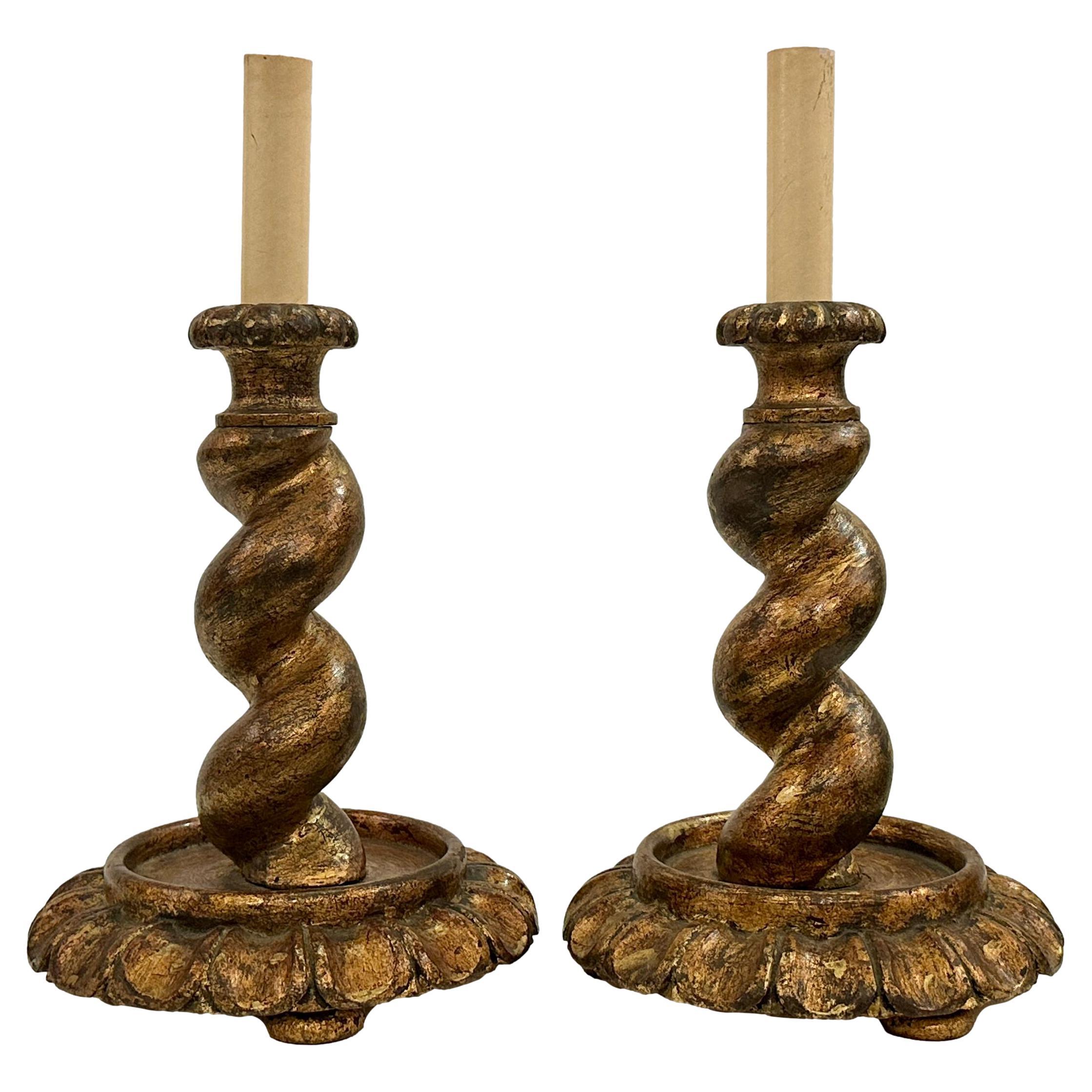 Gilt Wood Candlestick Lamps For Sale