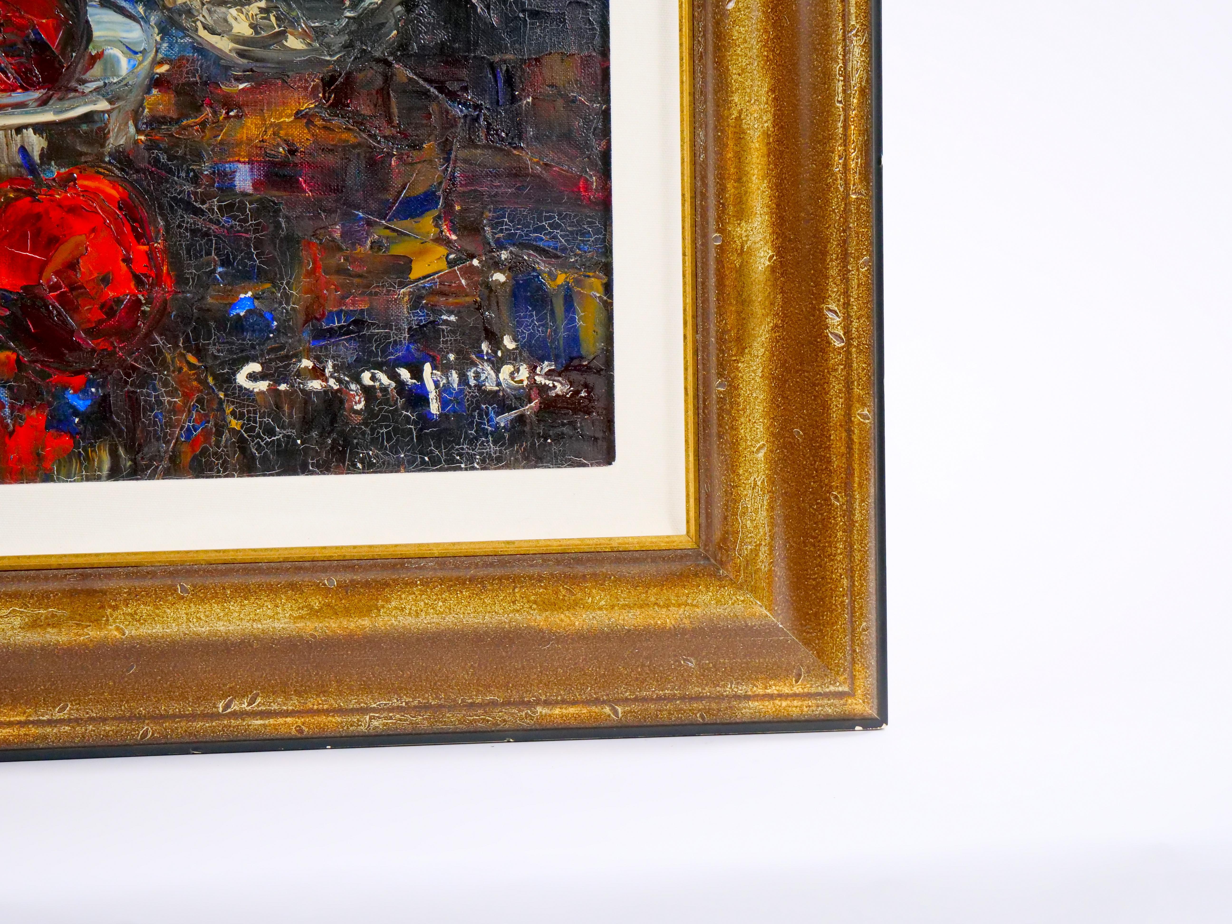 Gilt wood frame Christo Charpides ( Greek 1902-1992 ) Still life Flowers & fruit For Sale 4