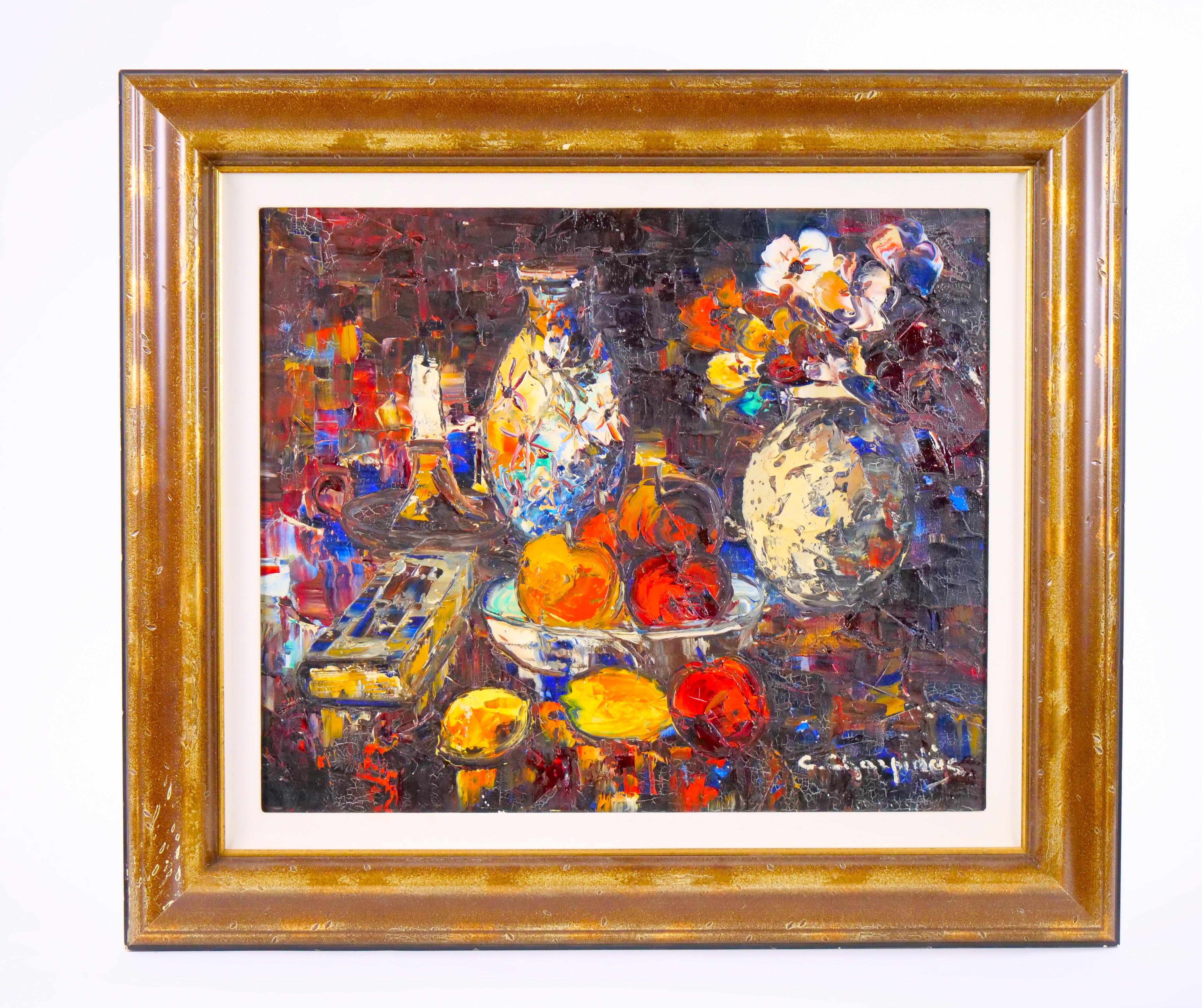 Gilt wood frame Christo Charpides ( Greek 1902-1992 ) Still life Flowers & fruit For Sale 5