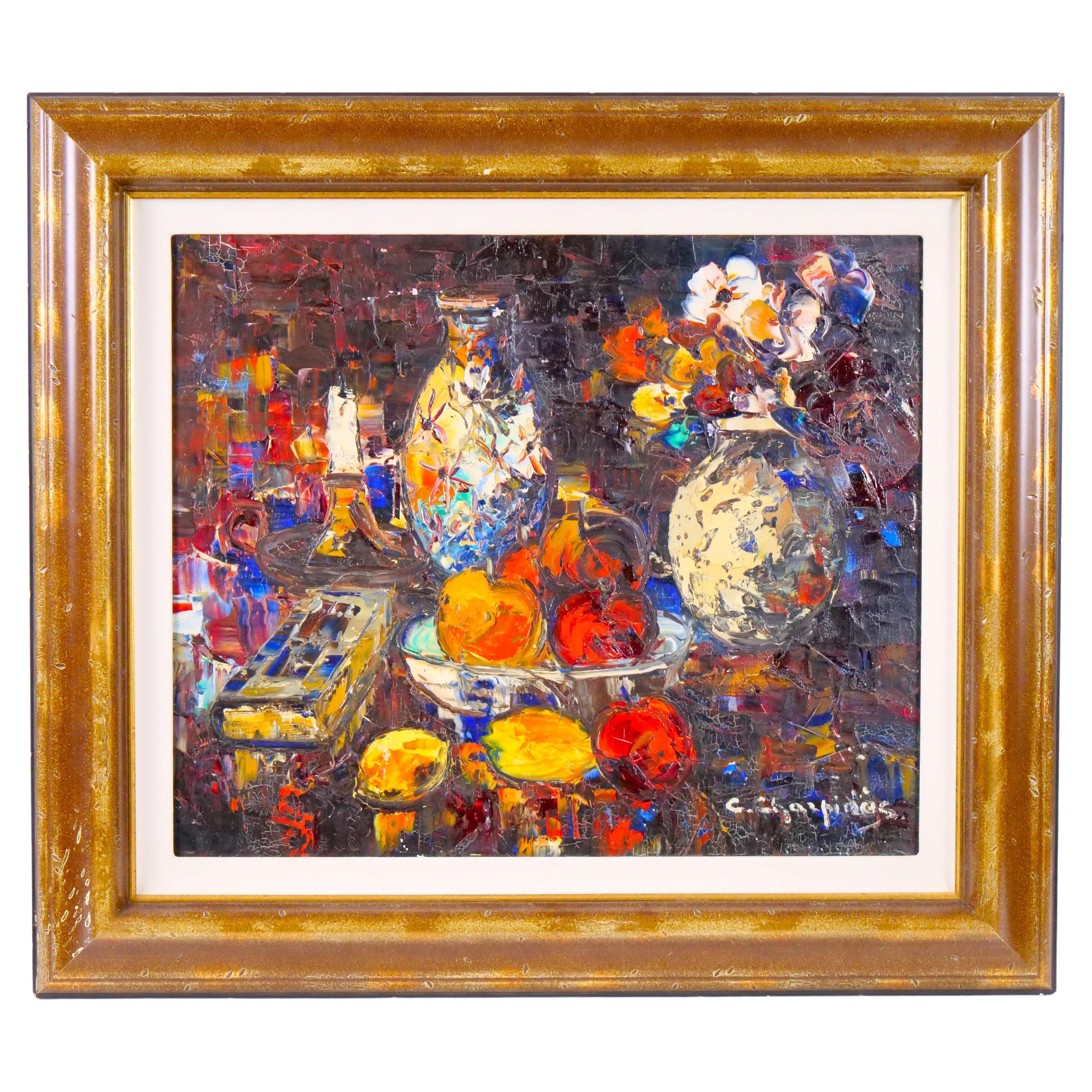 Gilt wood frame Christo Charpides ( Greek 1902-1992 ) Still life Flowers & fruit For Sale