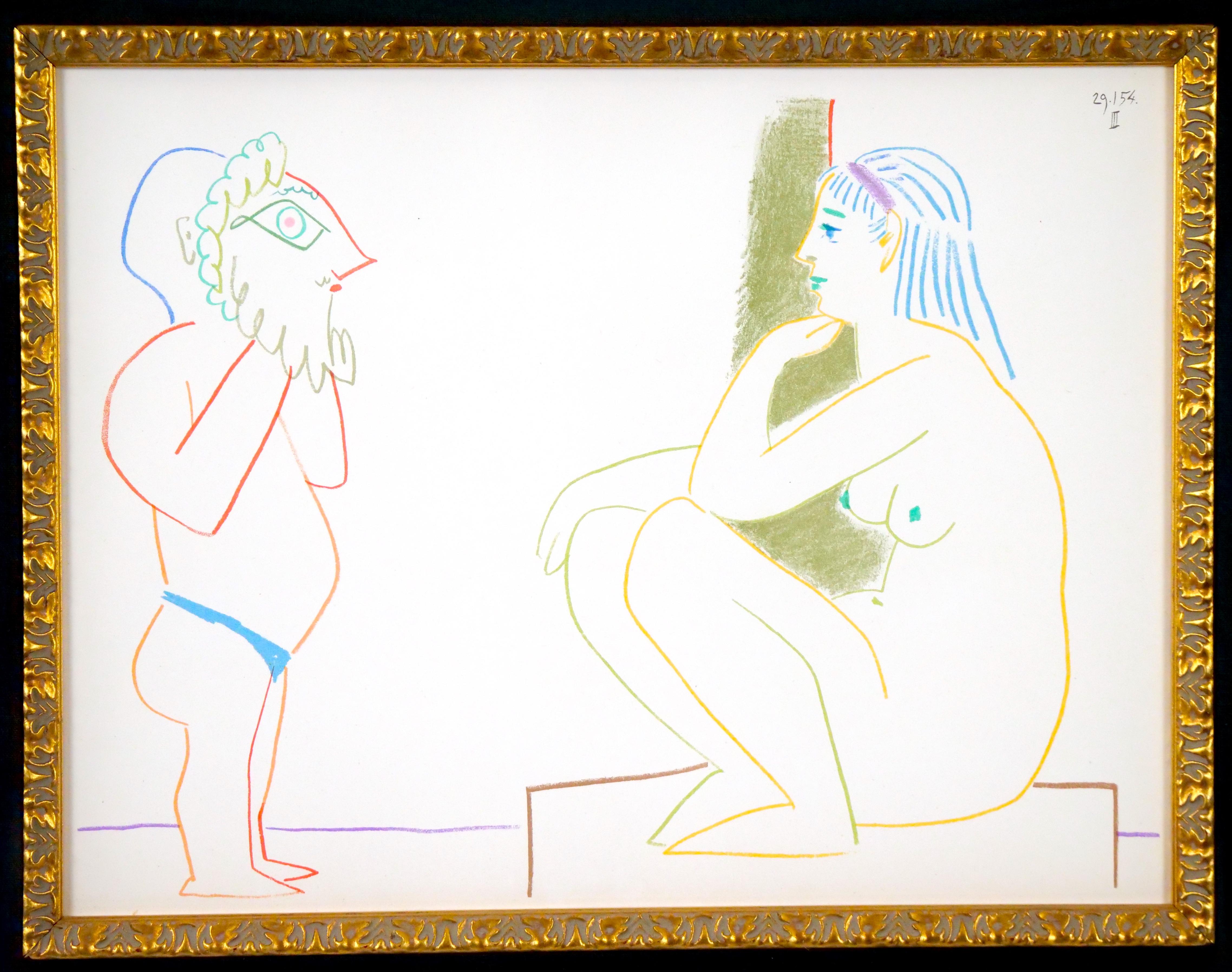 Immerse yourself in the artistic brilliance of this Gilt Wood Framed Original Lithograph by Pablo Picasso. Crafted with meticulous care, this piece presents an original drawing printed in rich, vibrant colors on premium wove paper. Created in 1954,