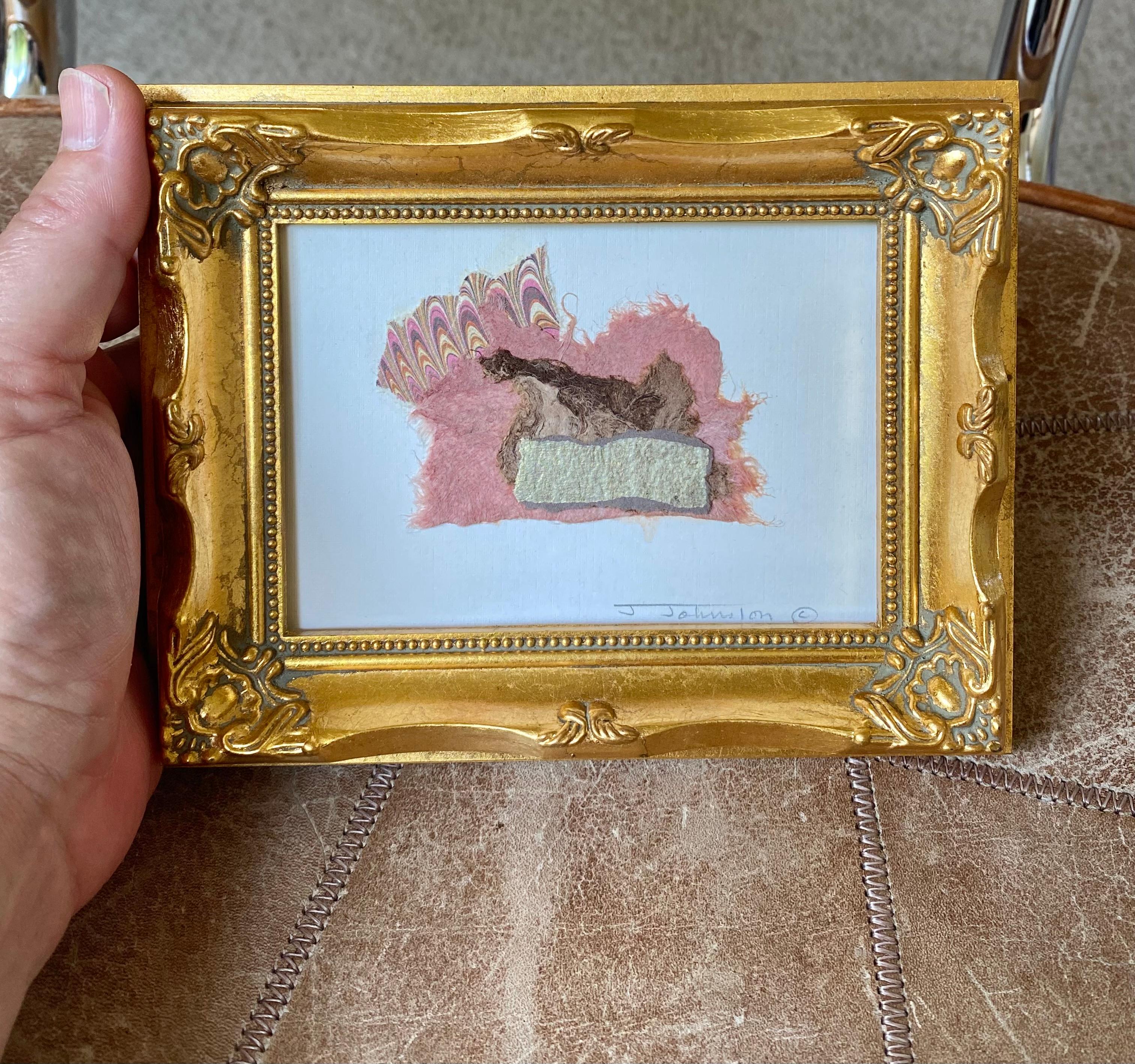 Lovely and interesting mixed media collage, composed of richly textured handmade papers arranged in a balanced abstract composition. The work is artist-signed and framed into a 1960s-era gilt frame. Layers of hand-torn paper in varying tones and