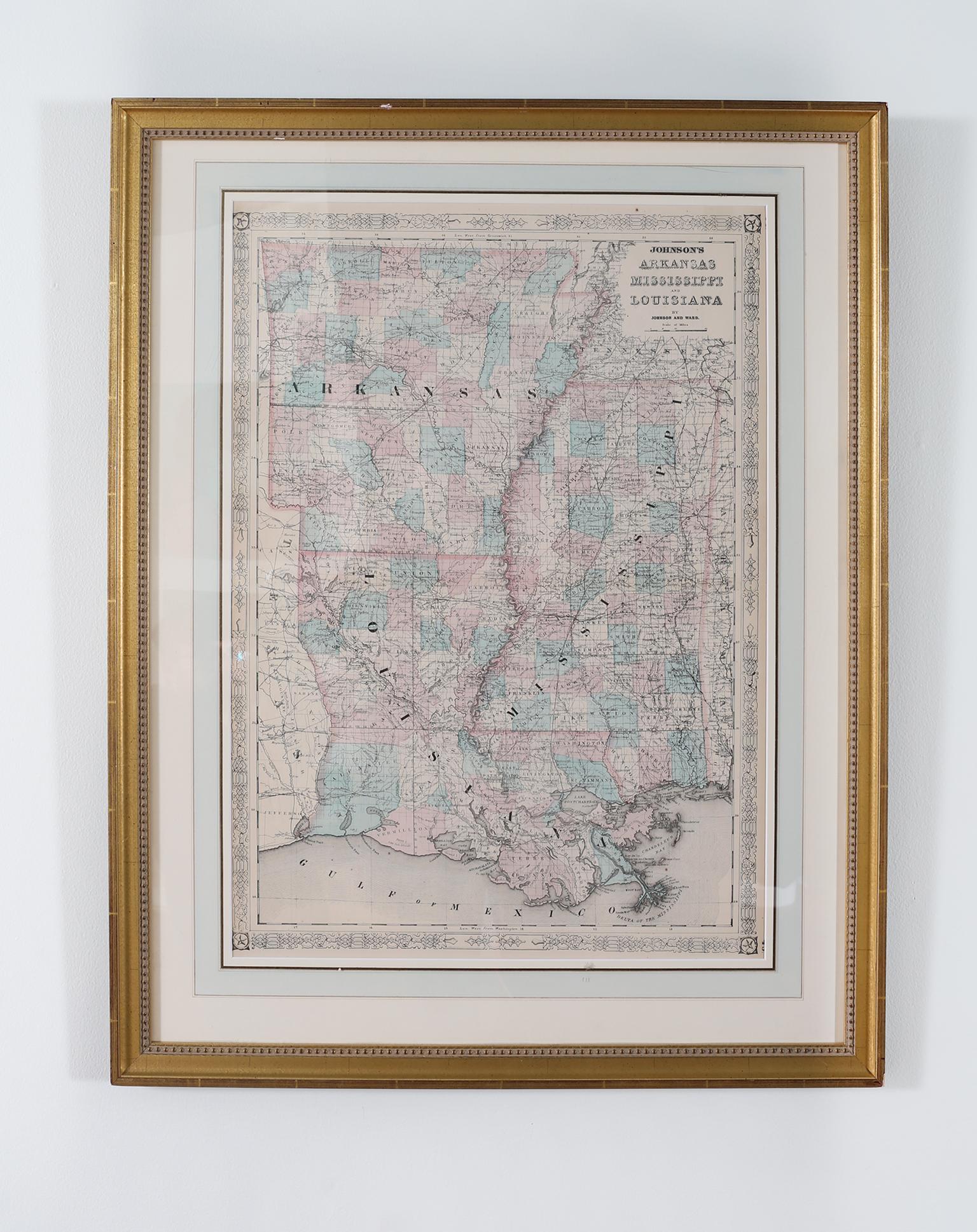 Giltwood framed and matted library / study room map of Arkansas, Mississippi, Louisiana. Each map is in great condition. Frame is about 32