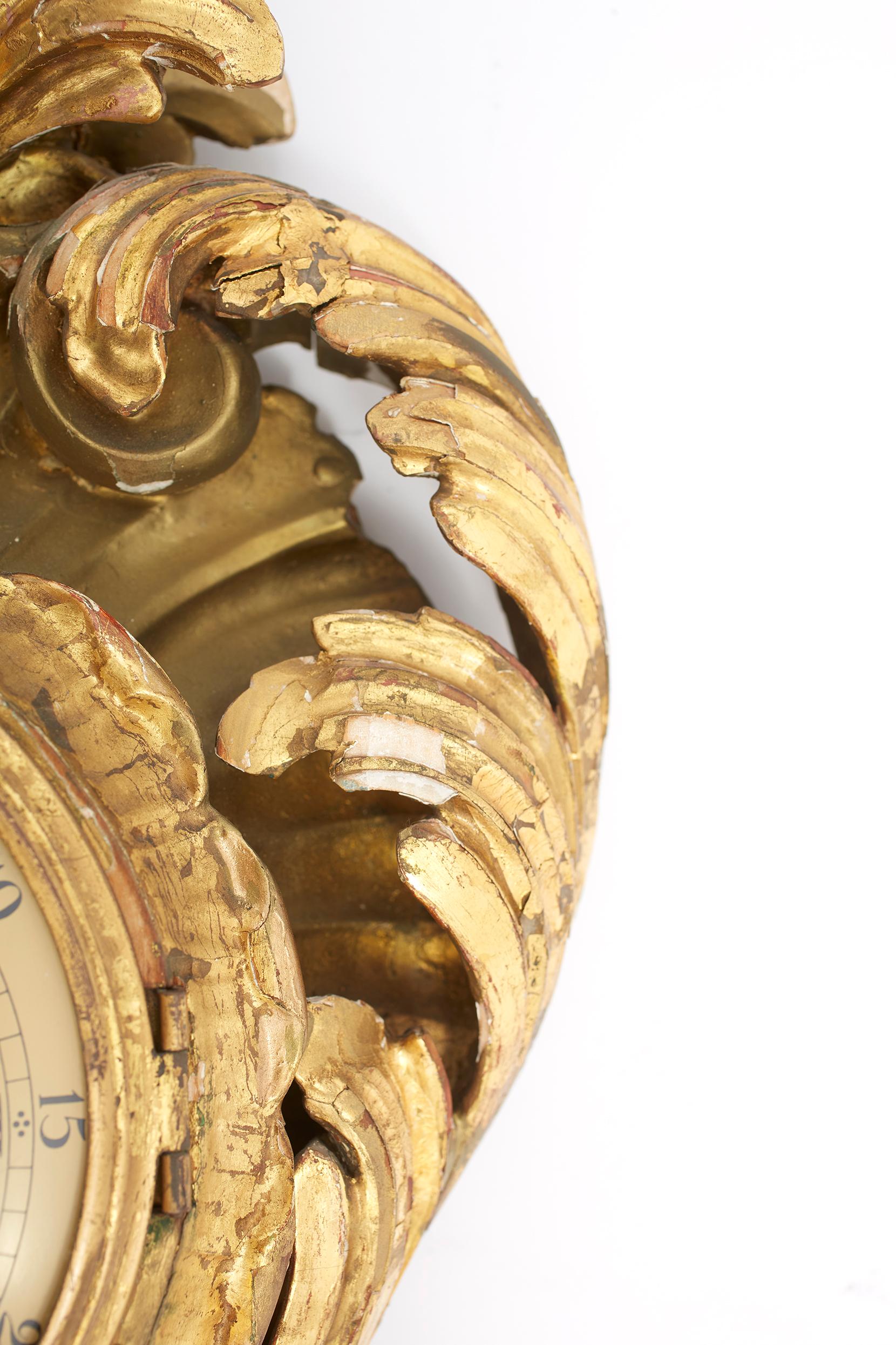 Mid-20th Century Gilt Wood Framed Swedish Wall Cartel Clock For Sale