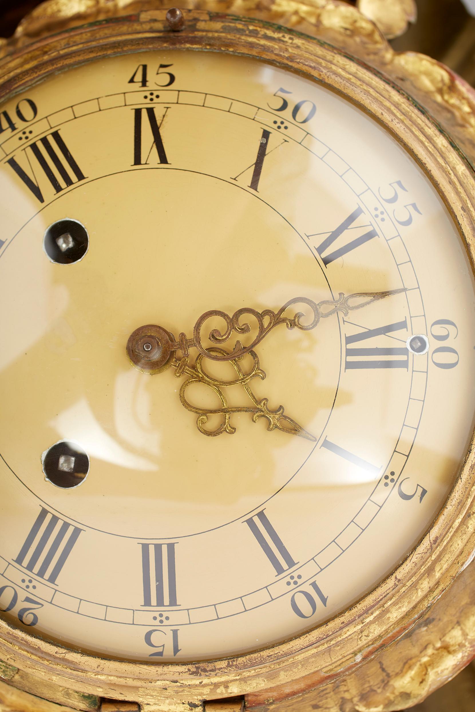 Brass Gilt Wood Framed Swedish Wall Cartel Clock For Sale