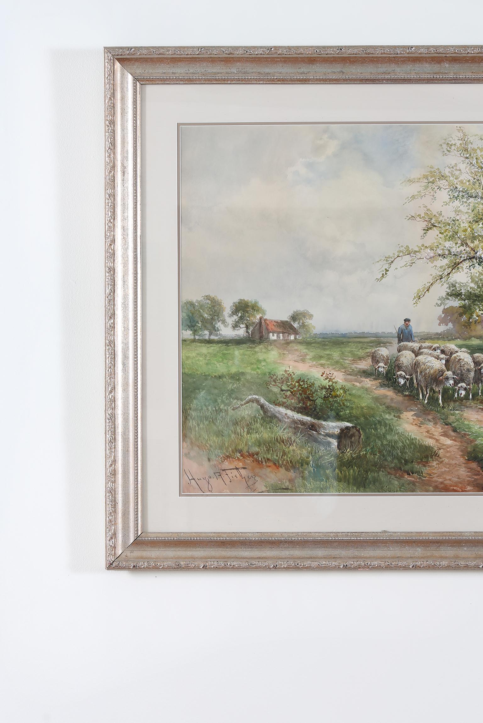 Giltwood framed water color painting of herding sheep. The painting is in great condition . Minor wear consistent with age / use. Artist signature lower left corner. It measures about 29
