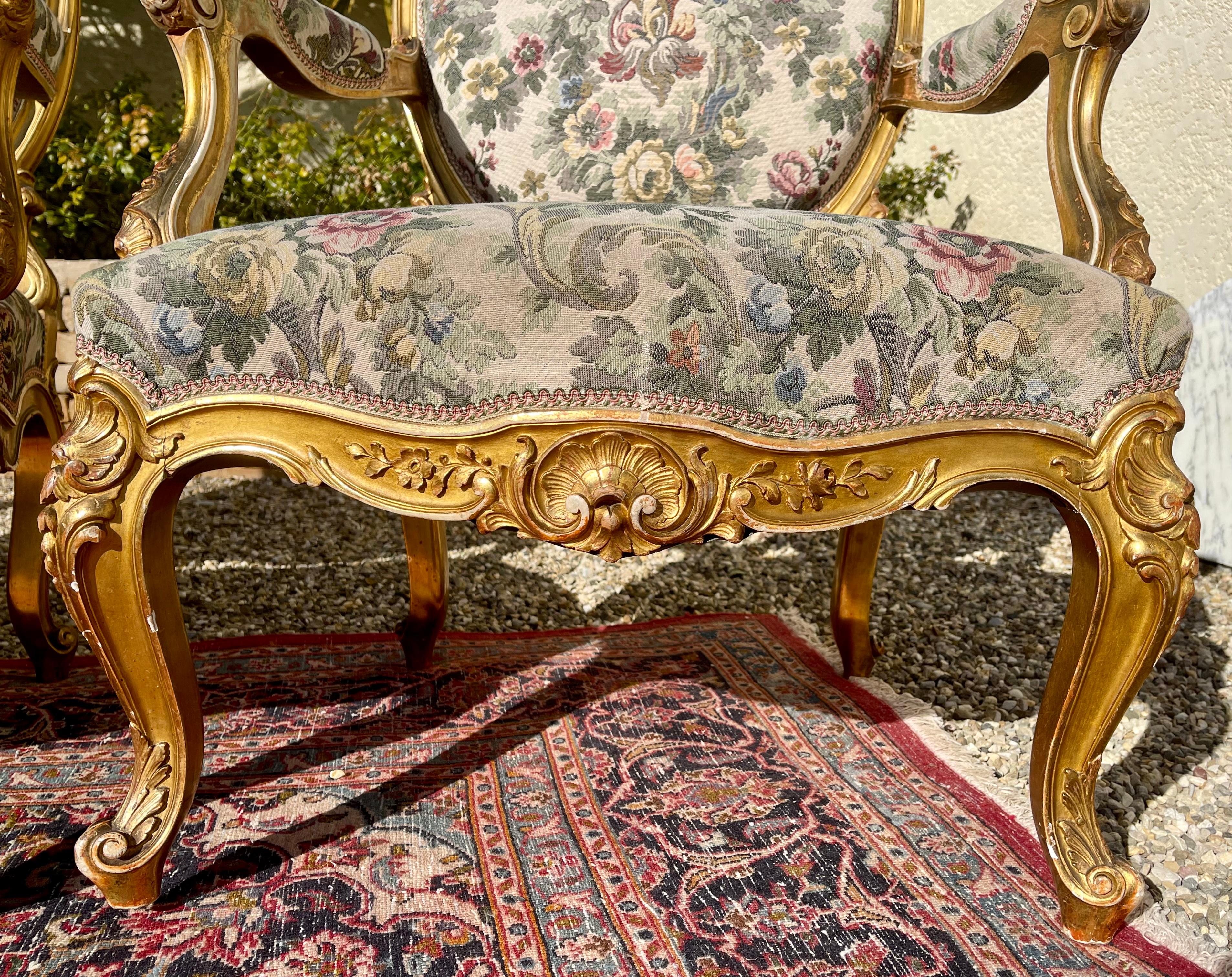 Gilt Wood Louis XV Style Lounge '7 Pieces', 19th Century For Sale 8