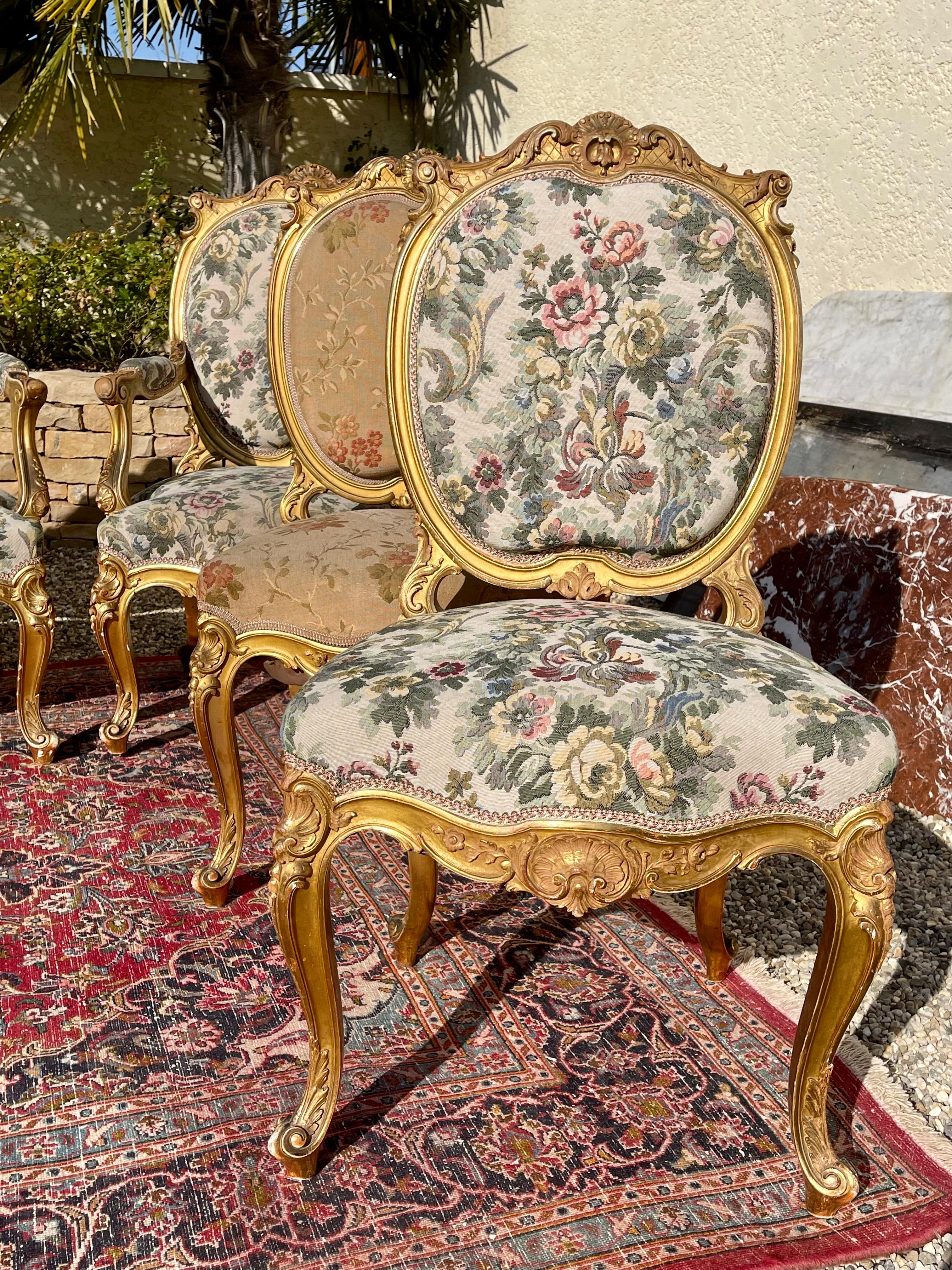 Gilt Wood Louis XV Style Lounge '7 Pieces', 19th Century For Sale 10