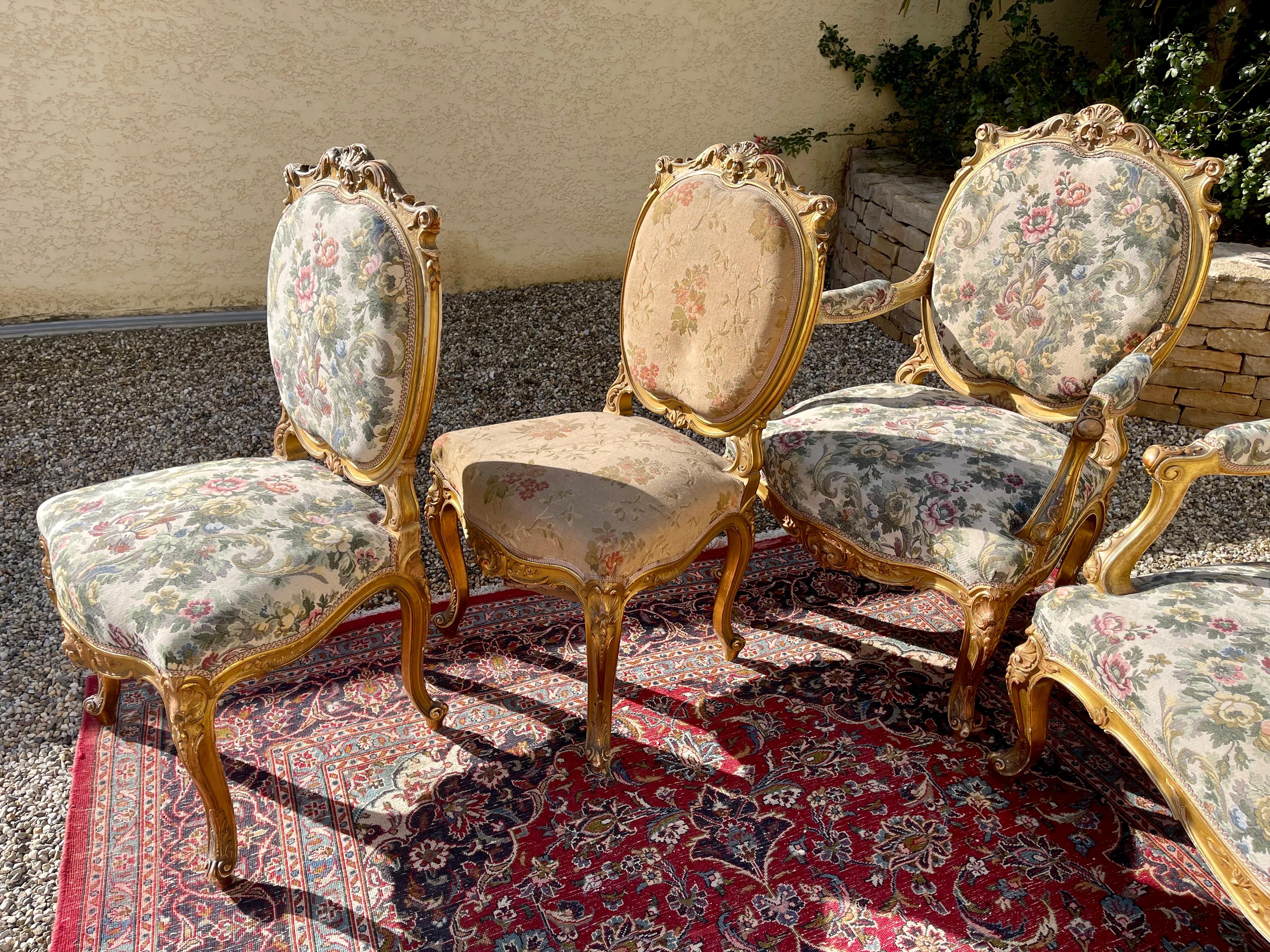 Gilt Wood Louis XV Style Lounge '7 Pieces', 19th Century For Sale 11