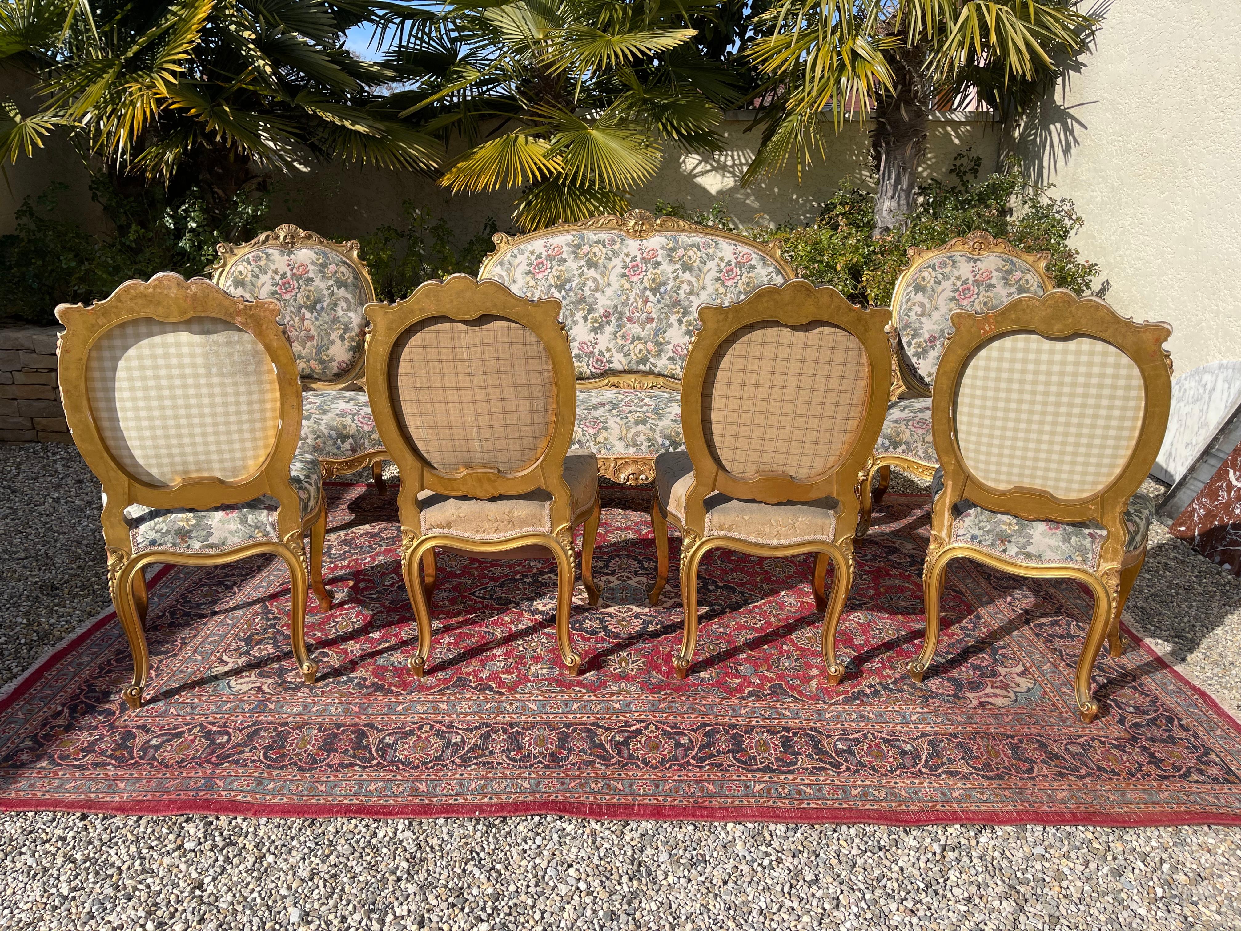 Gilt Wood Louis XV Style Lounge '7 Pieces', 19th Century For Sale 14