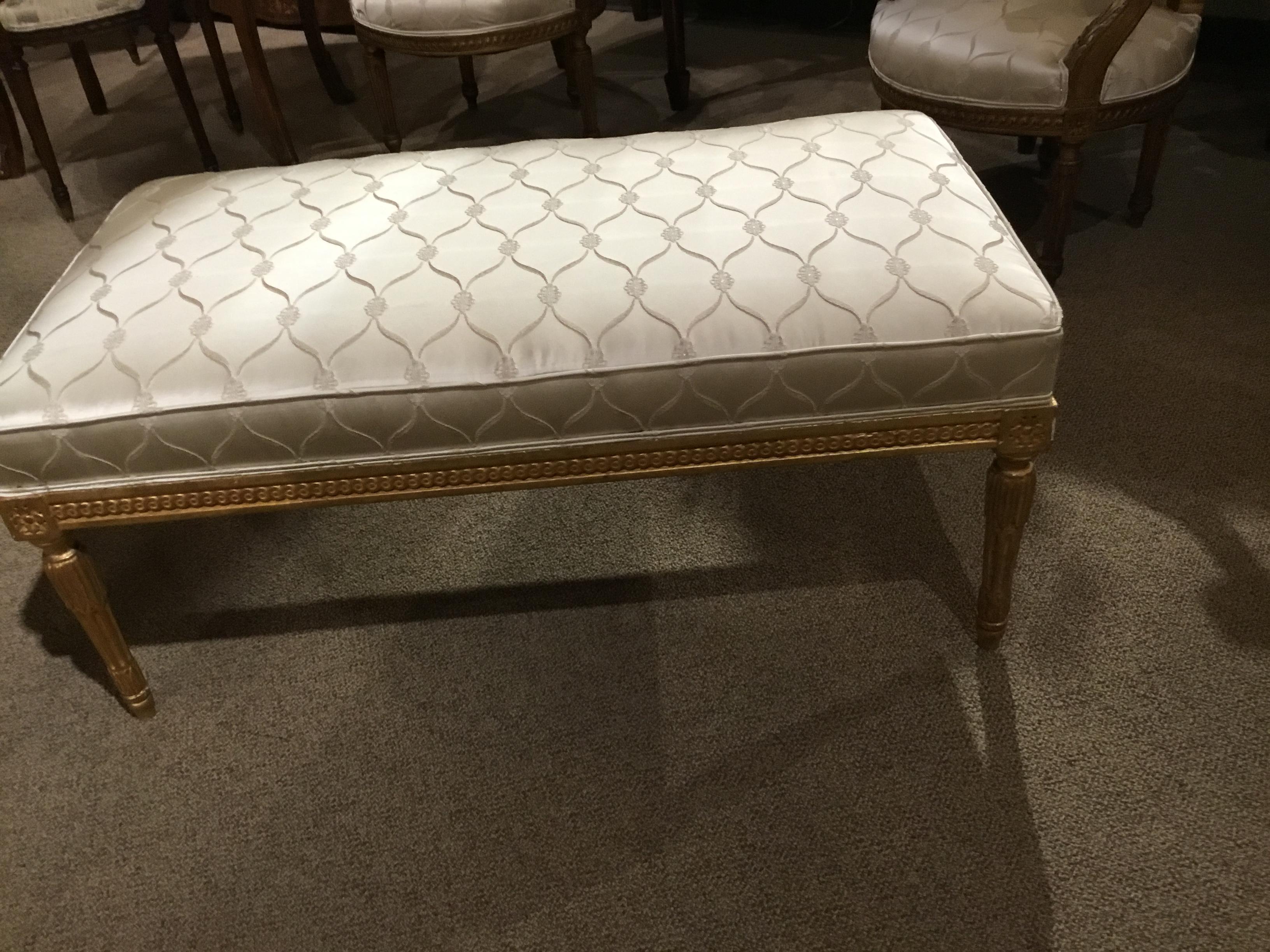 Hardwood Giltwood Louis XVI Style Bench with Silk Upholstery For Sale