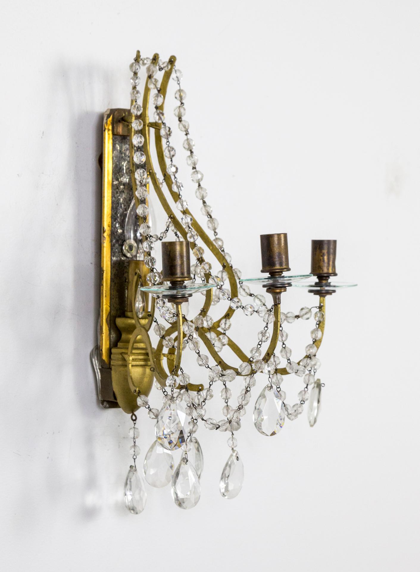 Belle Époque Giltwood, Mirror and Crystal 1-Light Sconces w/ Candlesticks, Pair For Sale