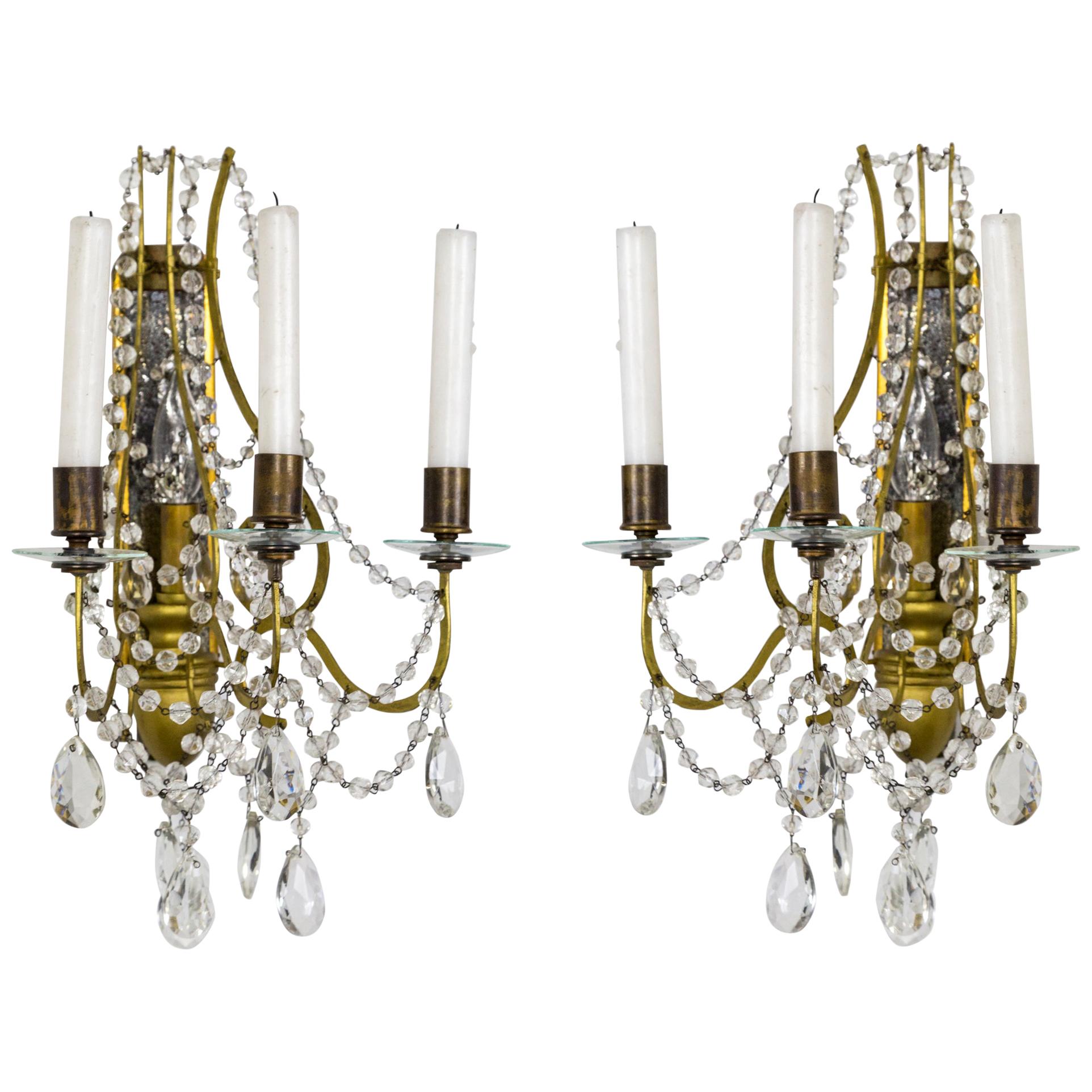 Giltwood, Specchio e Cristallo, Applique a 1 Luce con Candelieri, Coppia