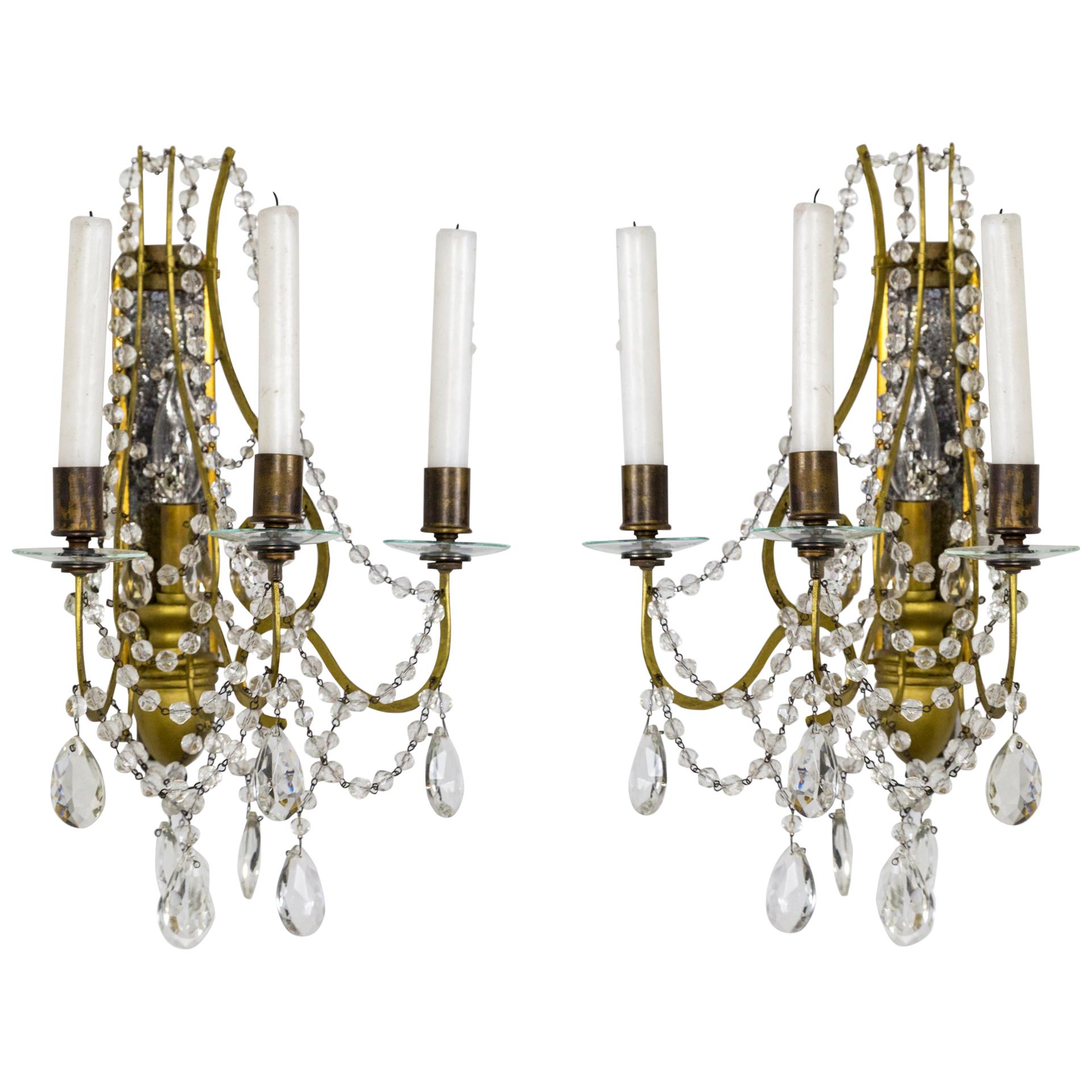 Giltwood, Mirror and Crystal 1-Light Sconces w/ Candlesticks, Pair