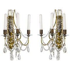 Antique Giltwood, Mirror and Crystal 1-Light Sconces w/ Candlesticks, Pair