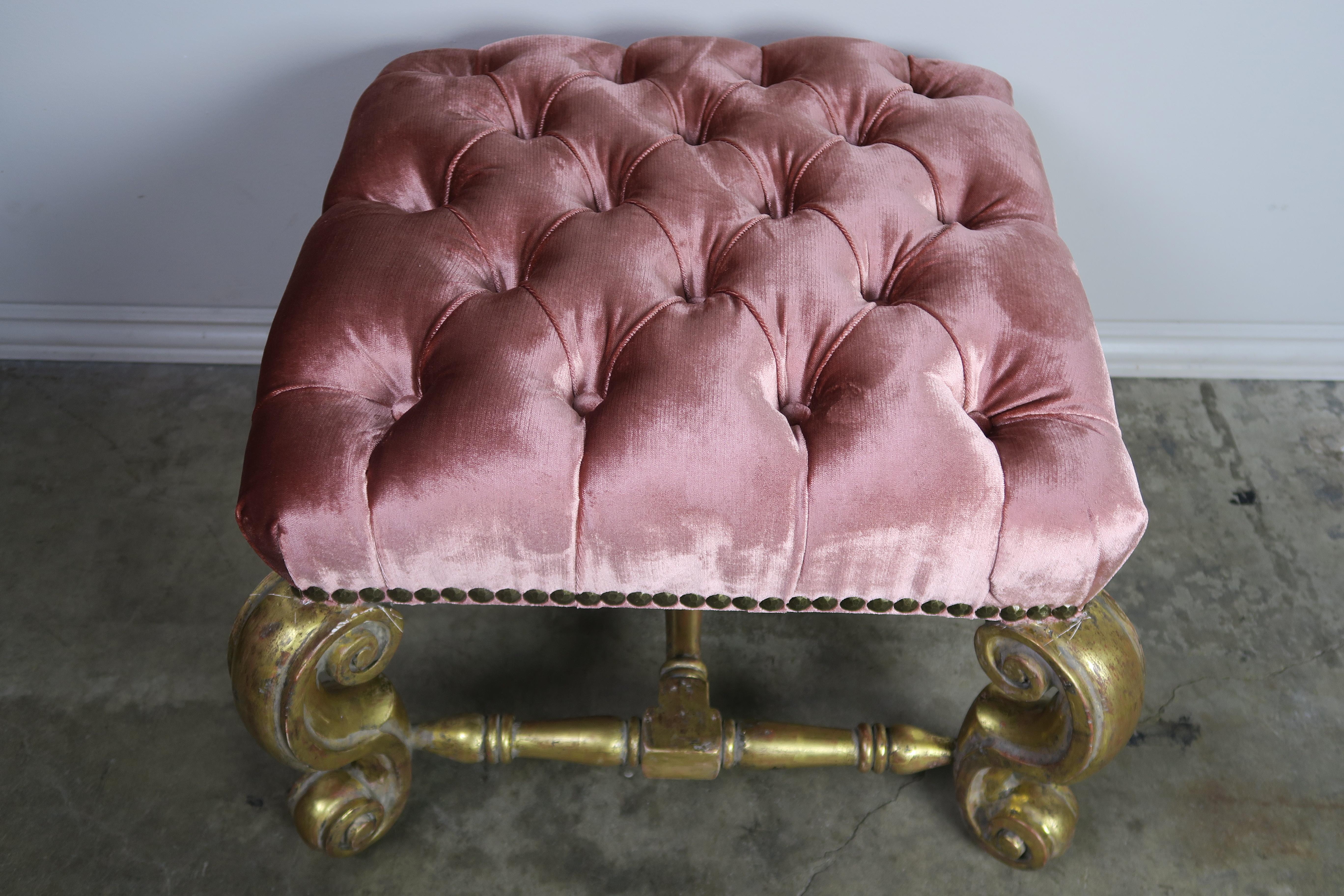 Rococo Gilt Wood Pink Velvet Tufted Benches, Pair