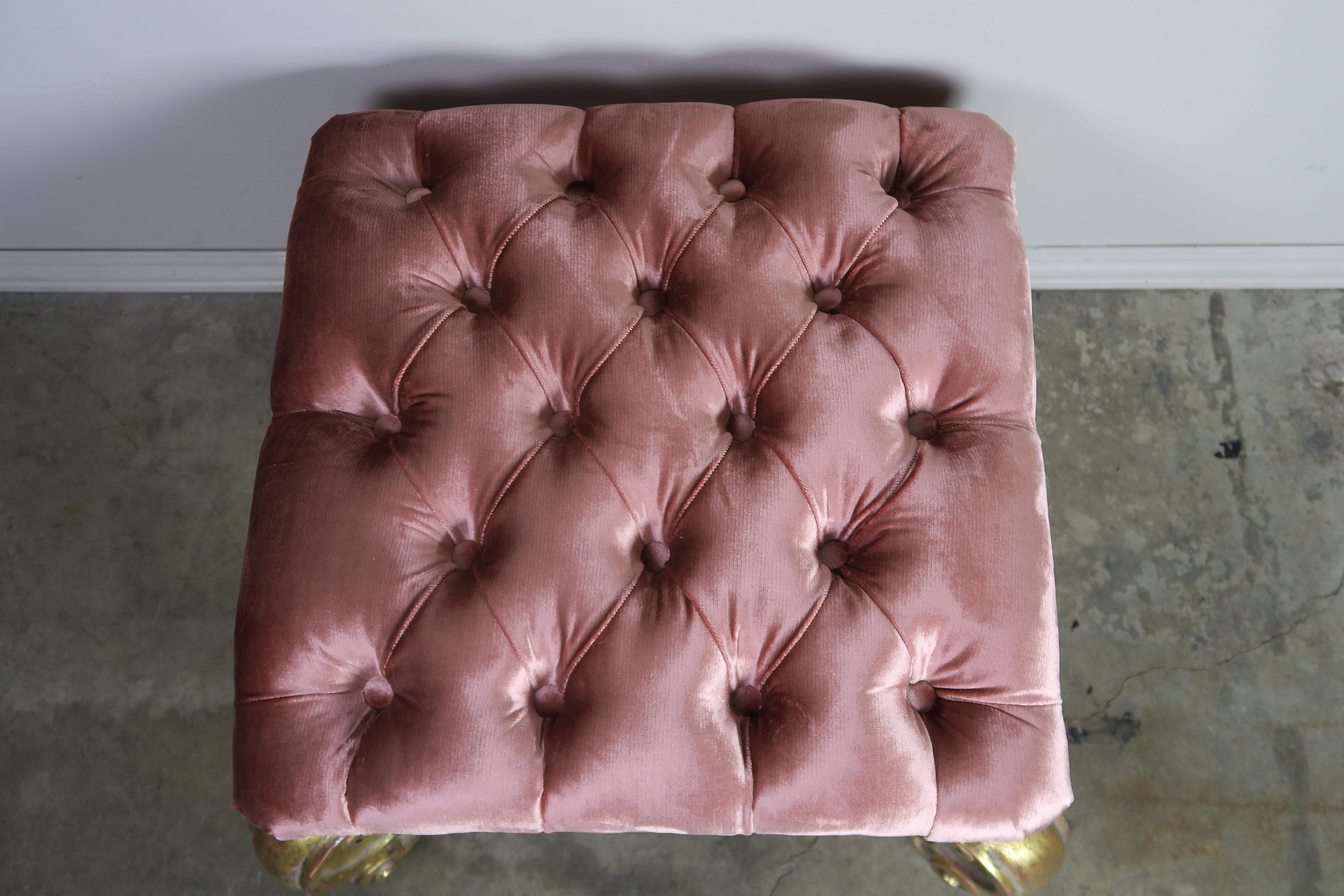 French Gilt Wood Pink Velvet Tufted Benches, Pair