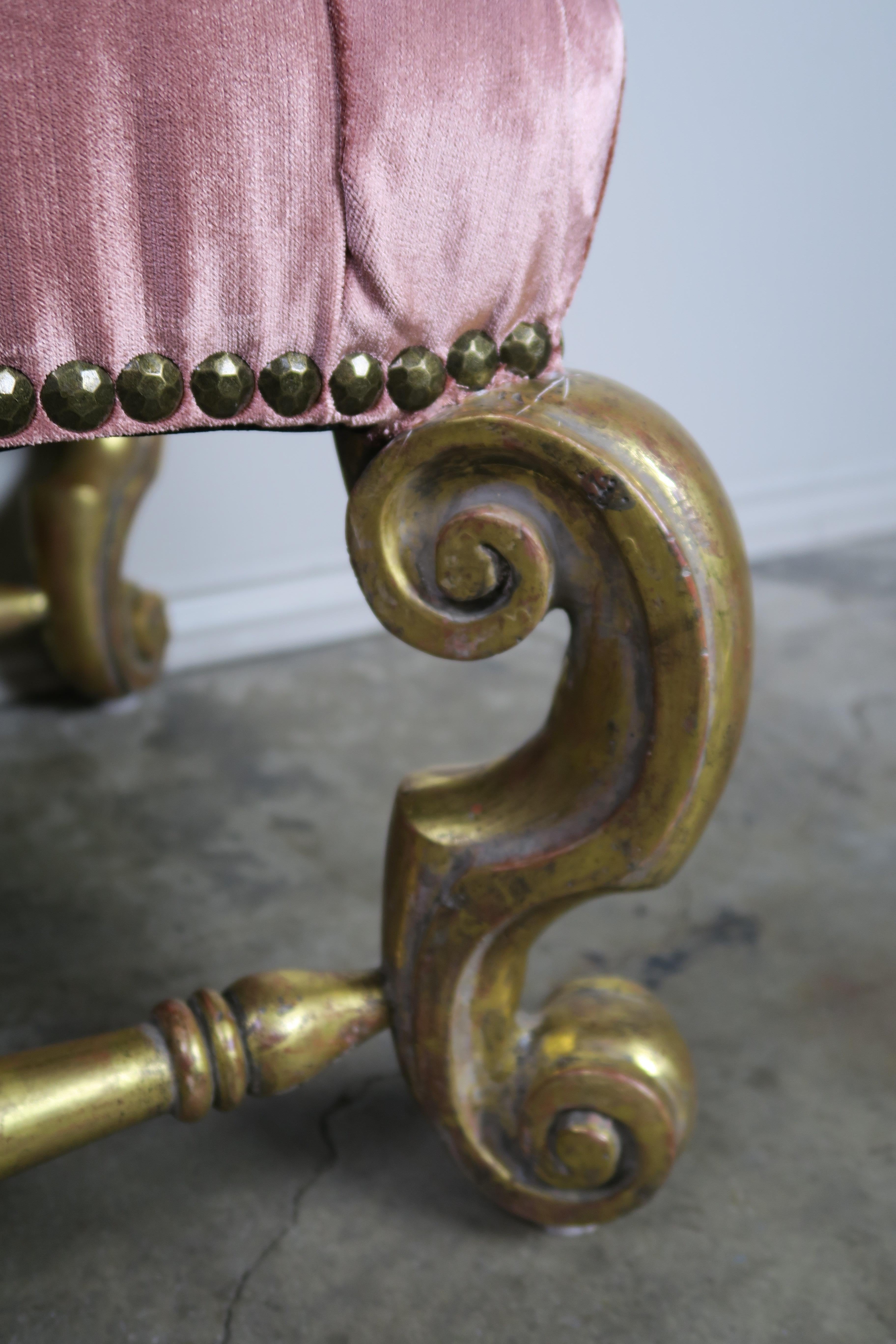 Gilt Wood Pink Velvet Tufted Benches, Pair In Good Condition In Los Angeles, CA