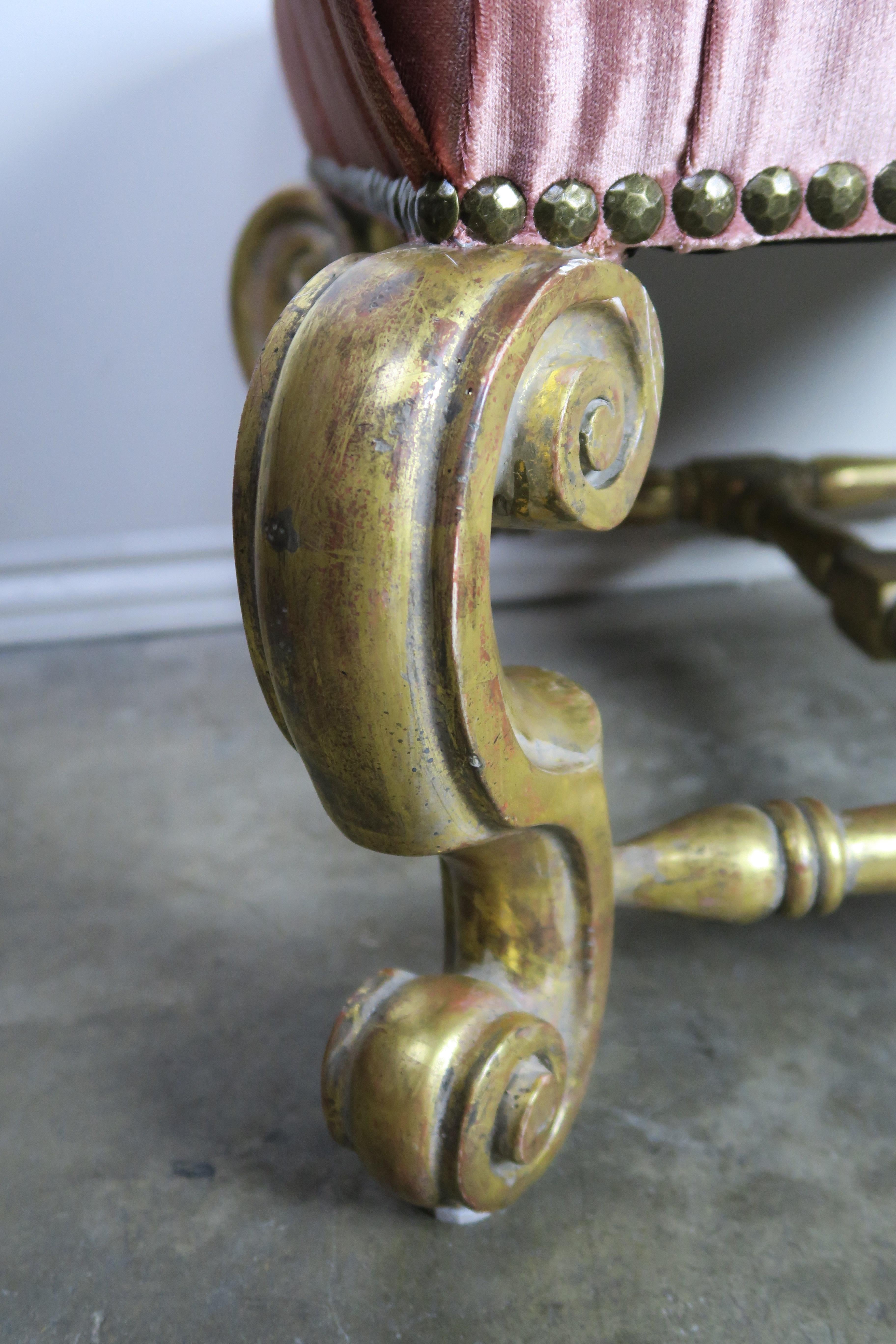 20th Century Gilt Wood Pink Velvet Tufted Benches, Pair