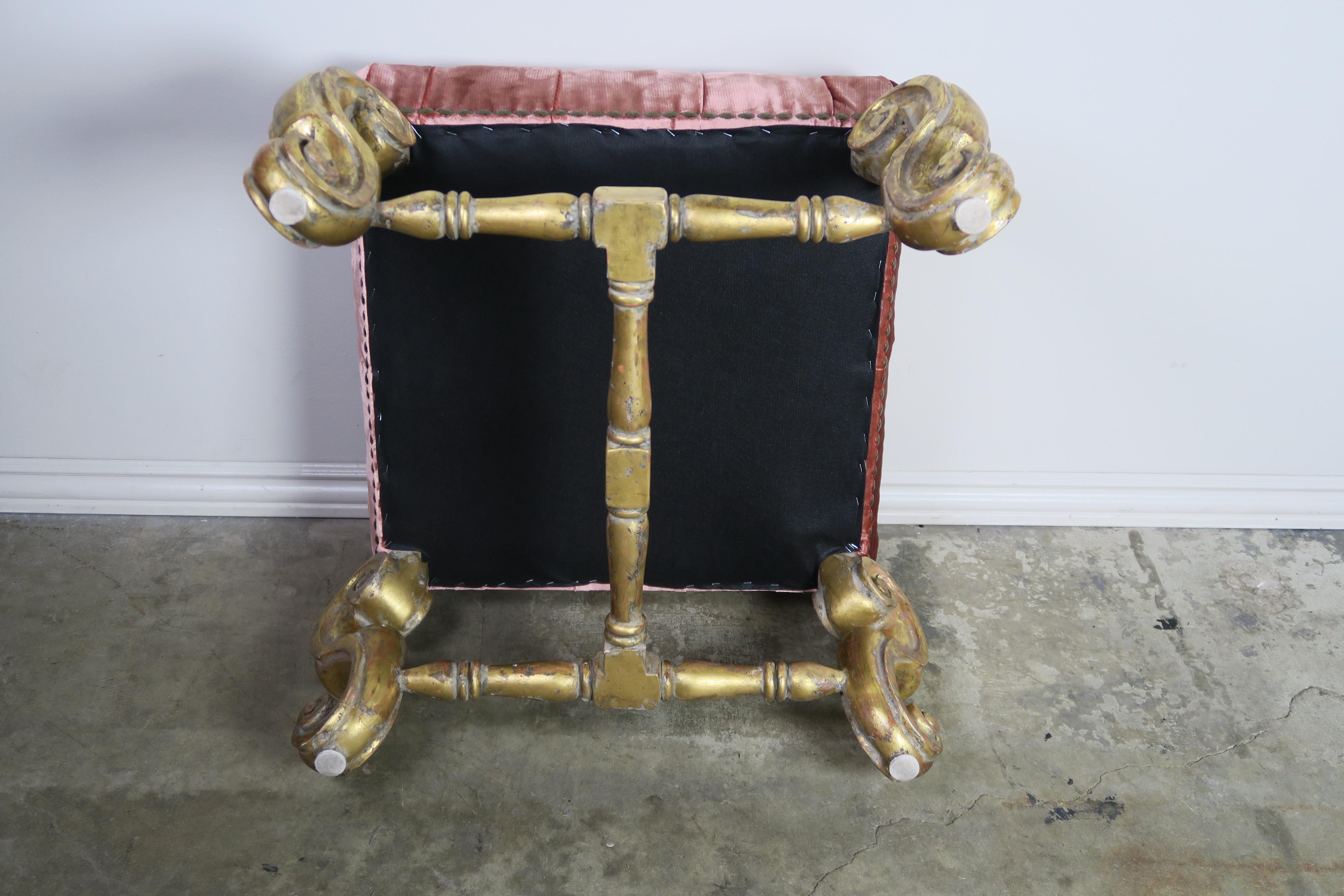 Gilt Wood Pink Velvet Tufted Benches, Pair 1