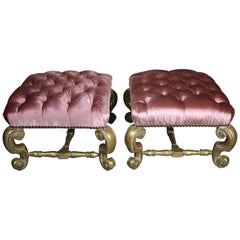 Gilt Wood Pink Velvet Tufted Benches, Pair