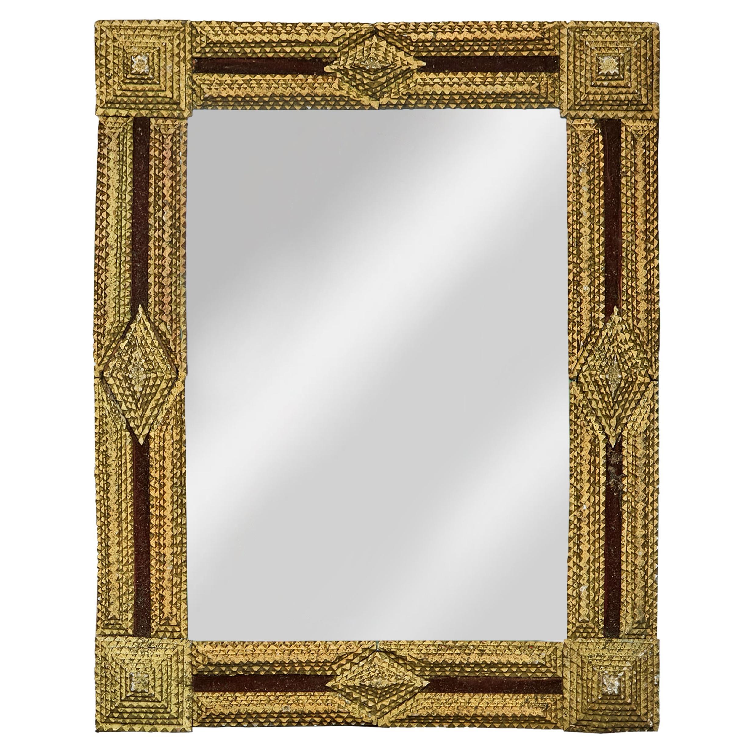 Gilt Wood Tramp Art French Folk Mirror with Raised Pyramidal Motifs, circa 1900