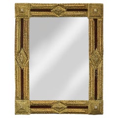 Gilt Wood Tramp Art French Folk Mirror with Raised Pyramidal Motifs, circa 1900