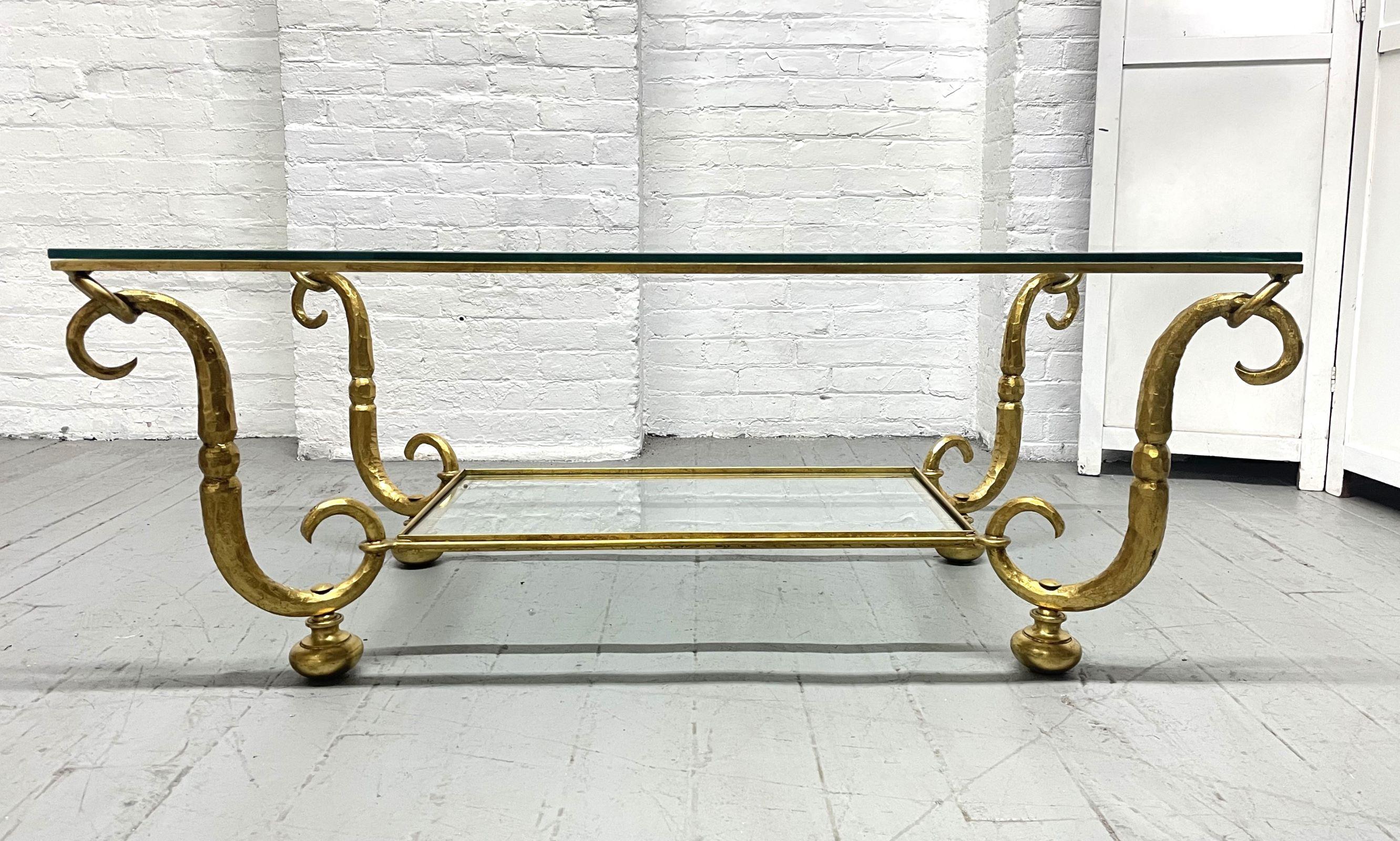 French Gilt Wrought Iron and Glass Top Coffee Table For Sale