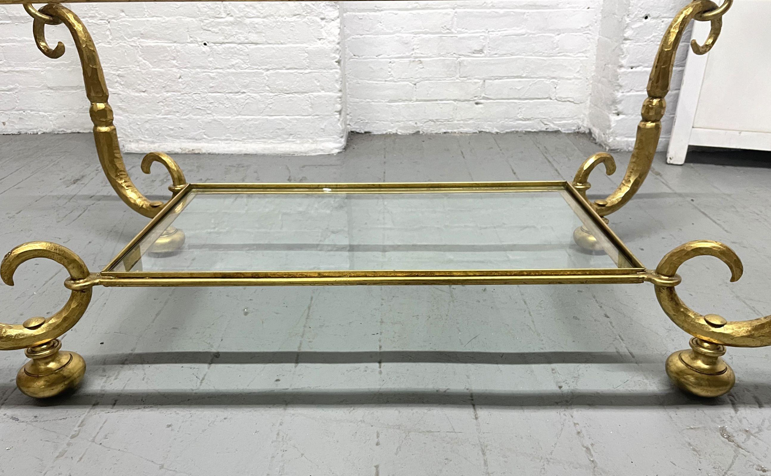 French Gilt Wrought Iron and Glass Top Coffee Table For Sale