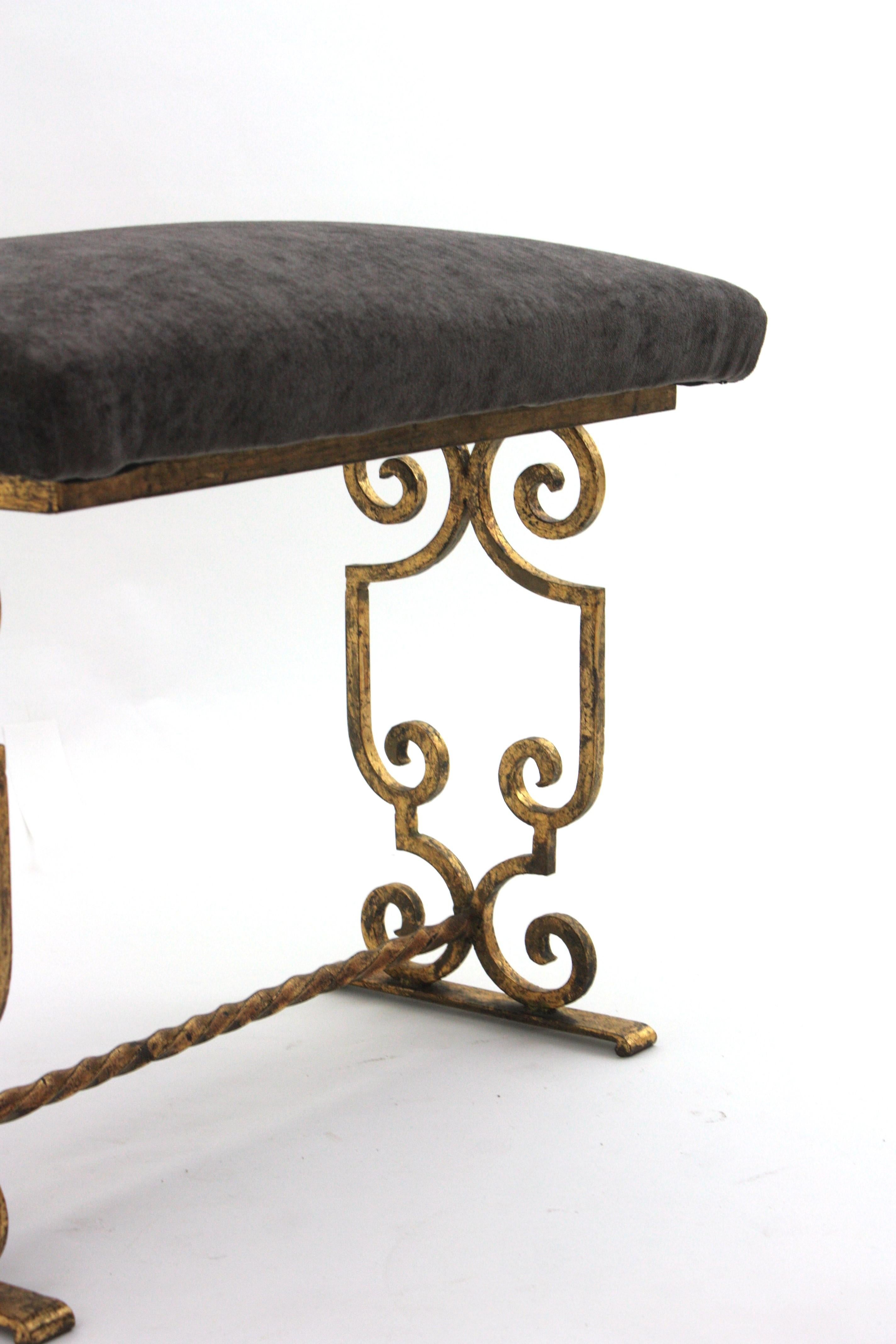 Gilt Wrought Iron Bench / Stool with Gray Velvet Seat, France 1940s For Sale 3