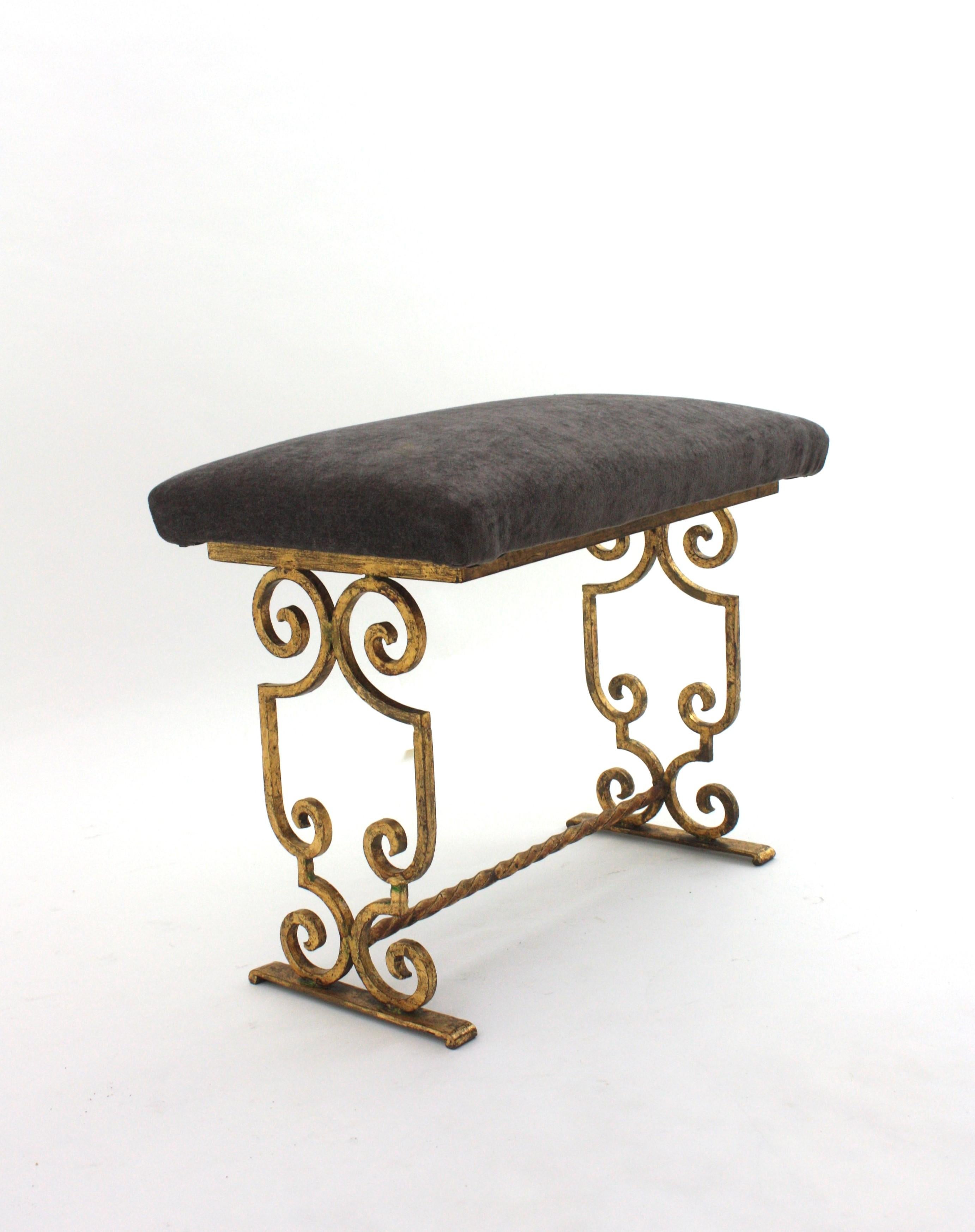 Gilt Wrought Iron Bench / Stool with Gray Velvet Seat, France 1940s For Sale 4