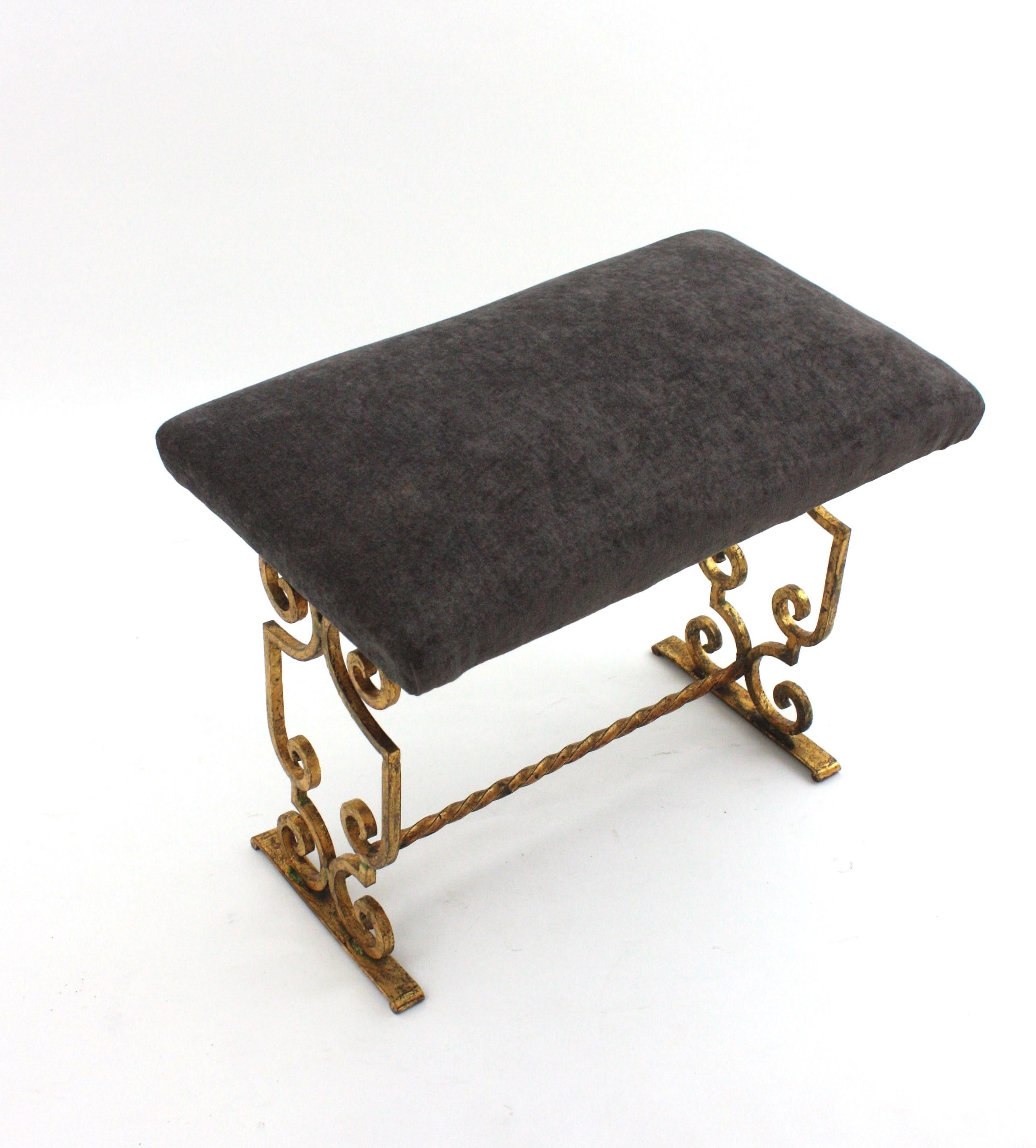 Gilt Wrought Iron Bench / Stool with Gray Velvet Seat, France 1940s For Sale 5