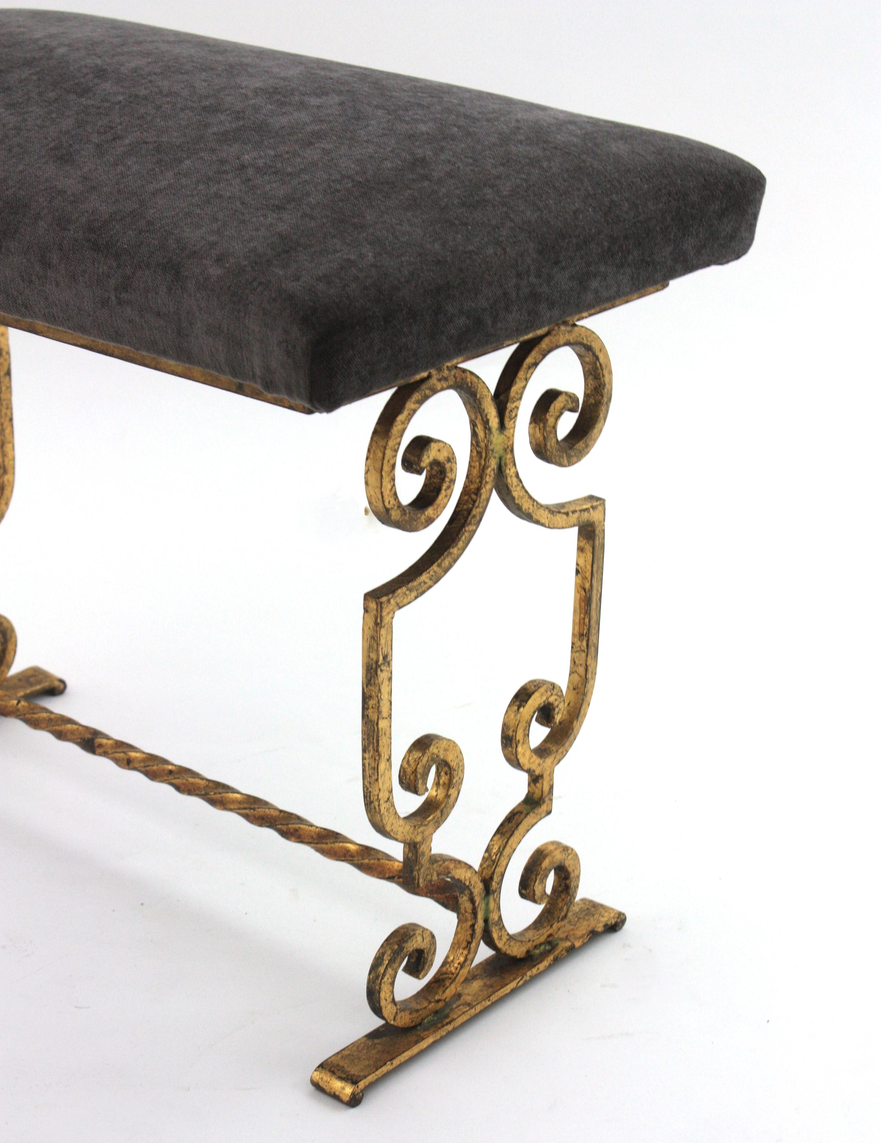 Gilt Wrought Iron Bench / Stool with Gray Velvet Seat, France 1940s For Sale 7