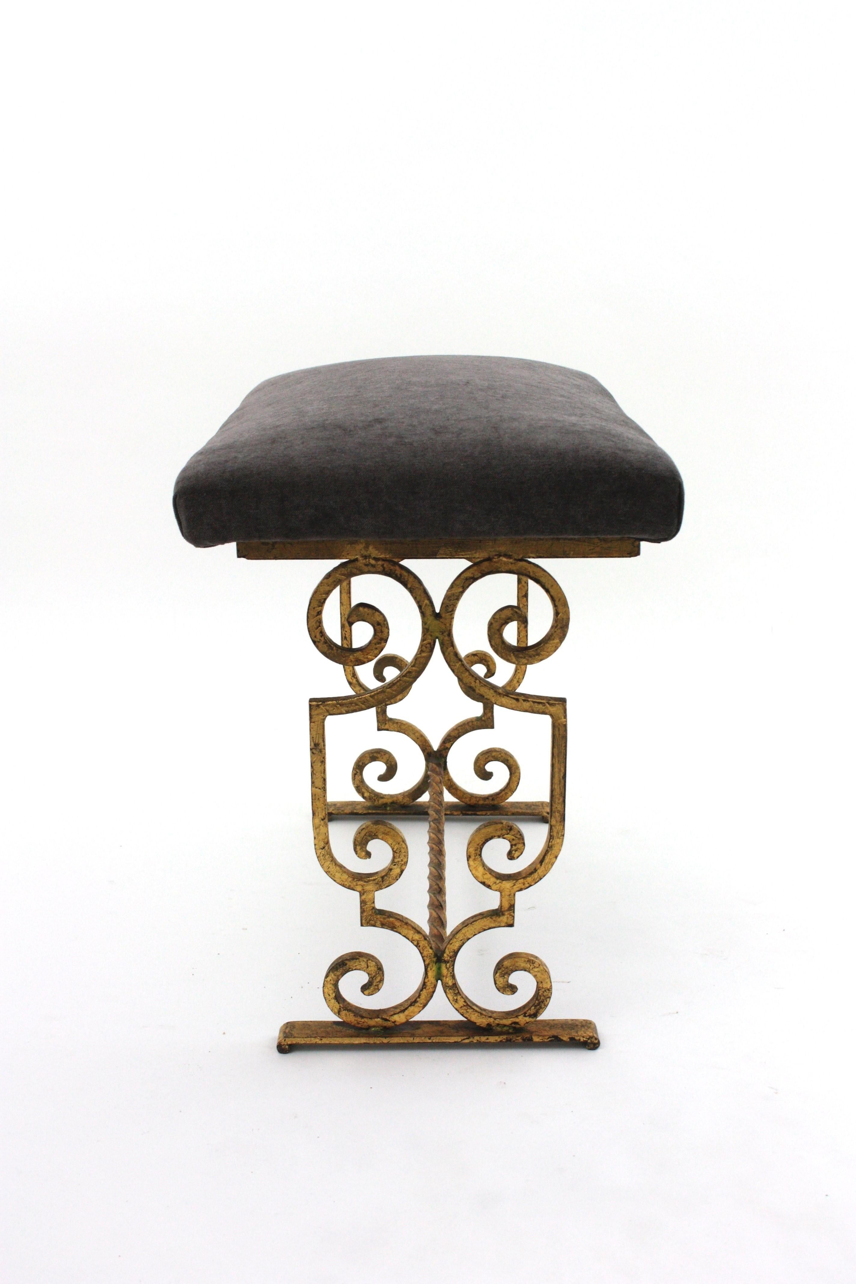 Gilt Wrought Iron Bench / Stool with Gray Velvet Seat, France 1940s For Sale 8