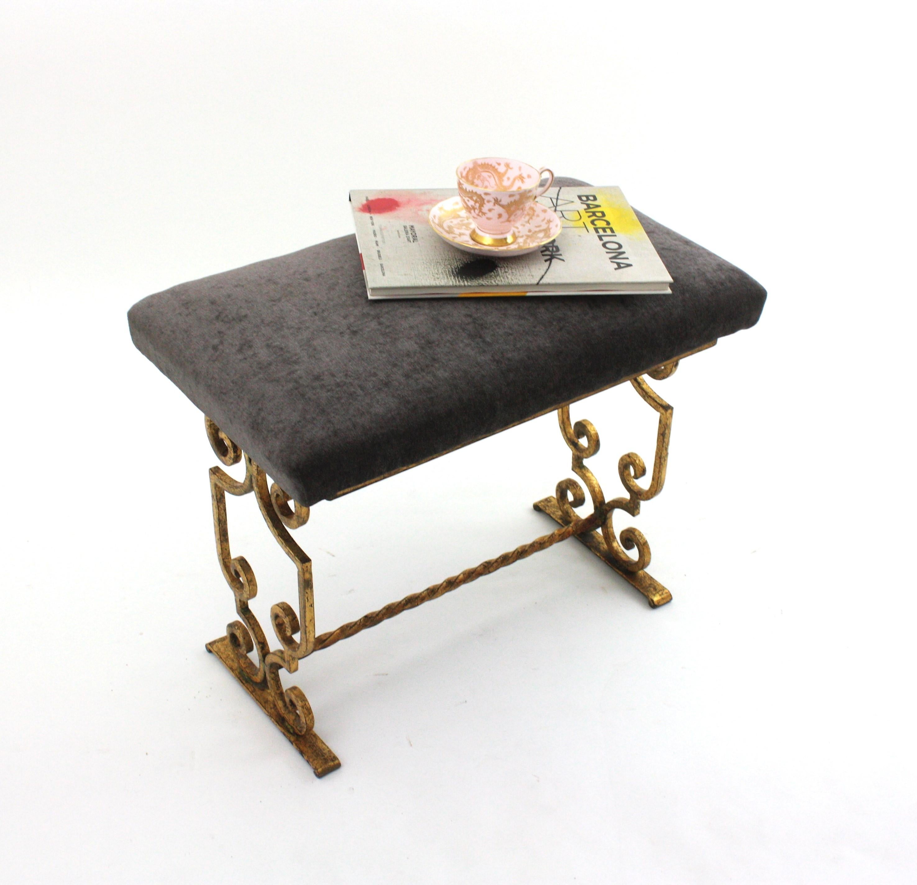 Gilt Wrought Iron Bench / Stool with Gray Velvet Seat, France 1940s For Sale 9
