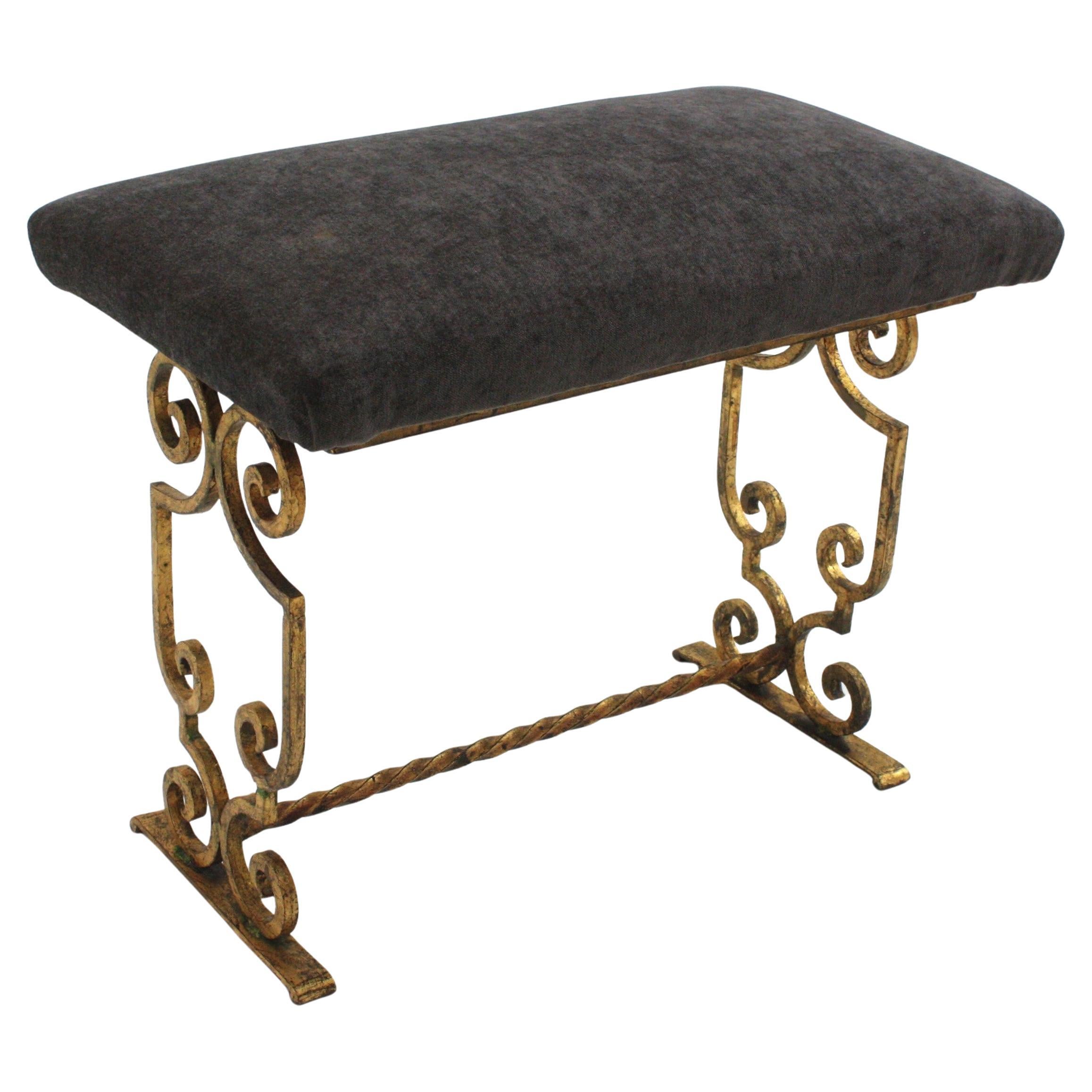 Hollywood Regency Gilt Wrought Iron Bench / Stool with Gray Velvet Seat, France 1940s For Sale