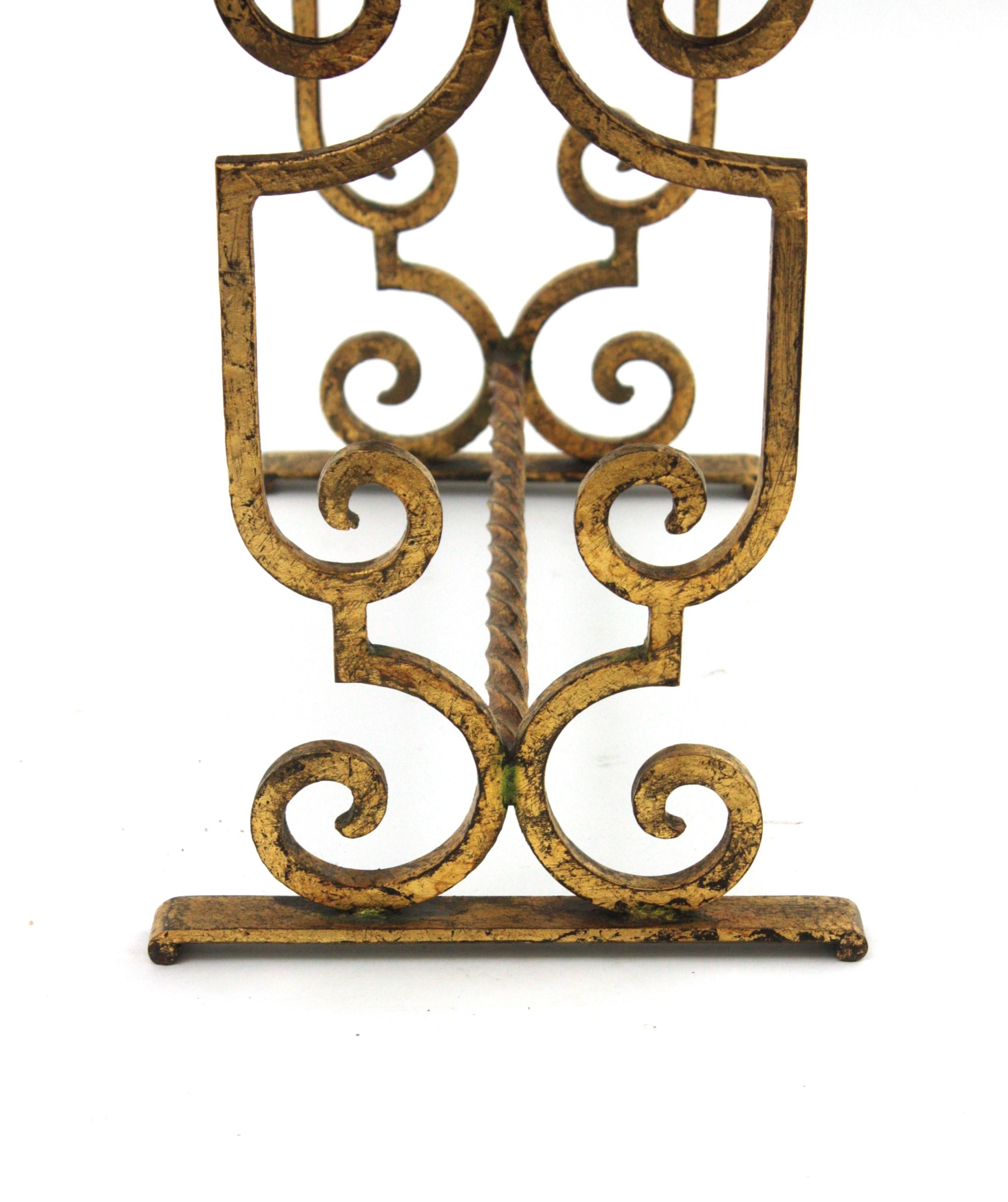 French Gilt Wrought Iron Bench / Stool with Gray Velvet Seat, France 1940s For Sale