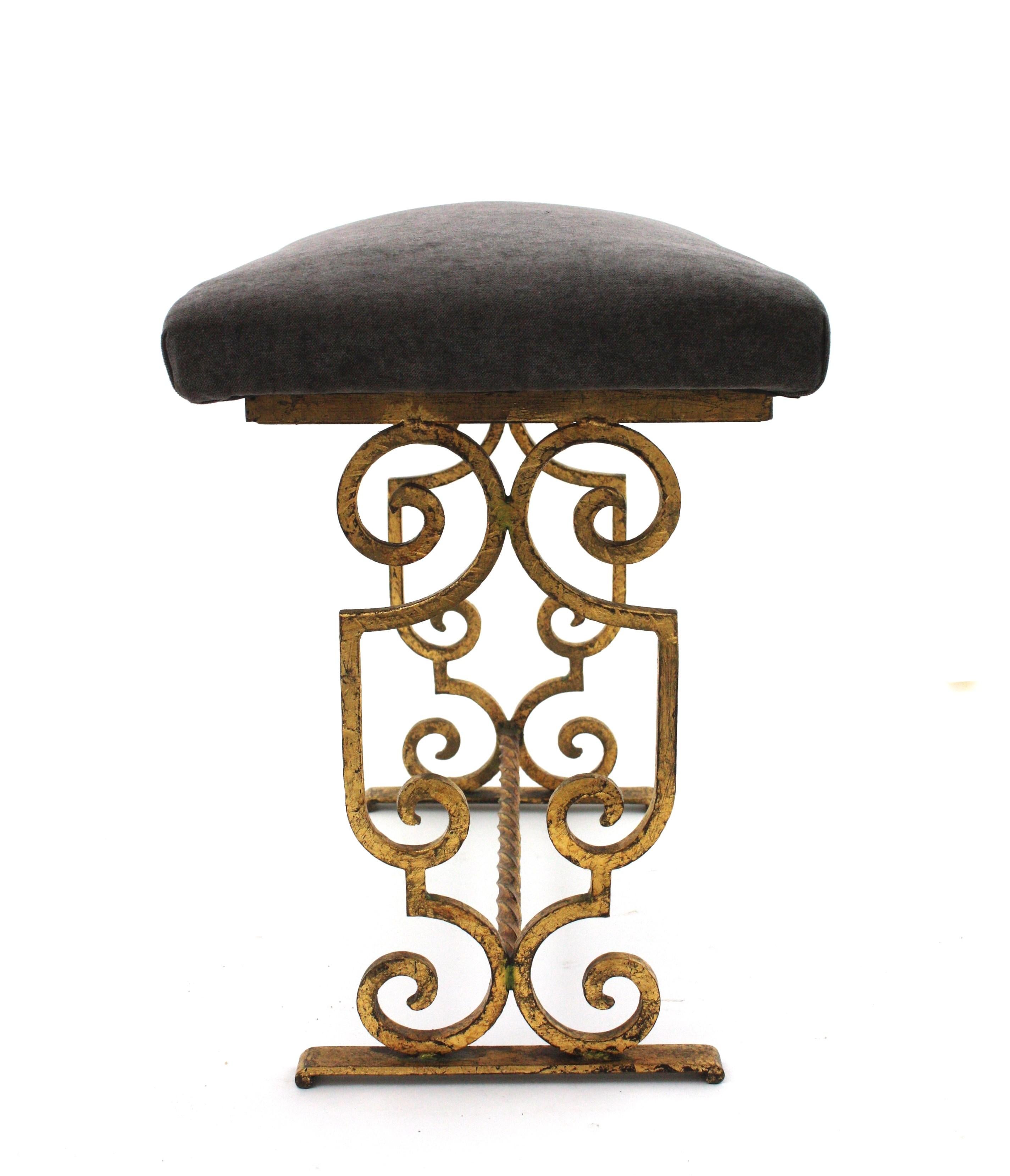 Hammered Gilt Wrought Iron Bench / Stool with Gray Velvet Seat, France 1940s For Sale