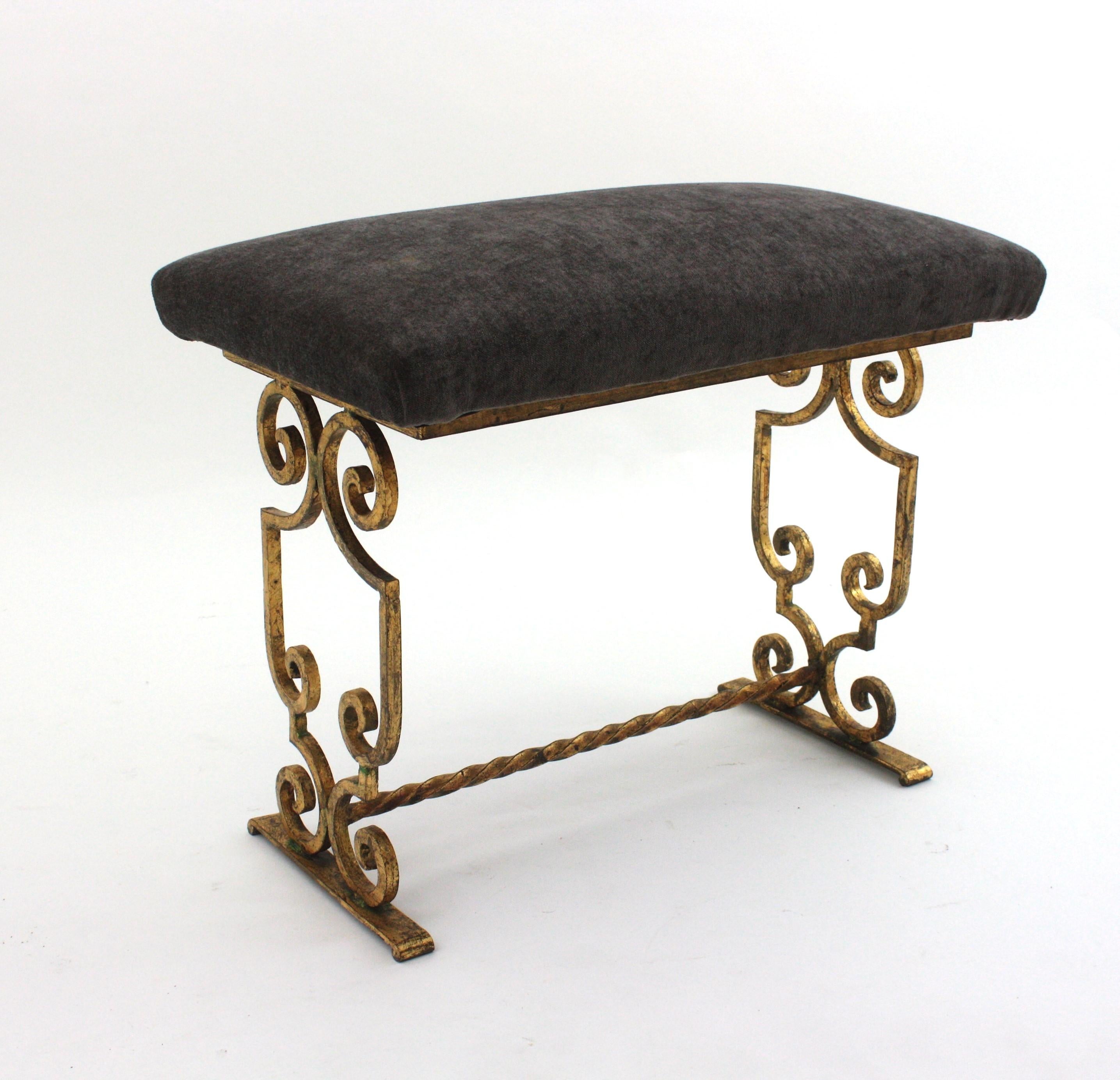 20th Century Gilt Wrought Iron Bench / Stool with Gray Velvet Seat, France 1940s For Sale