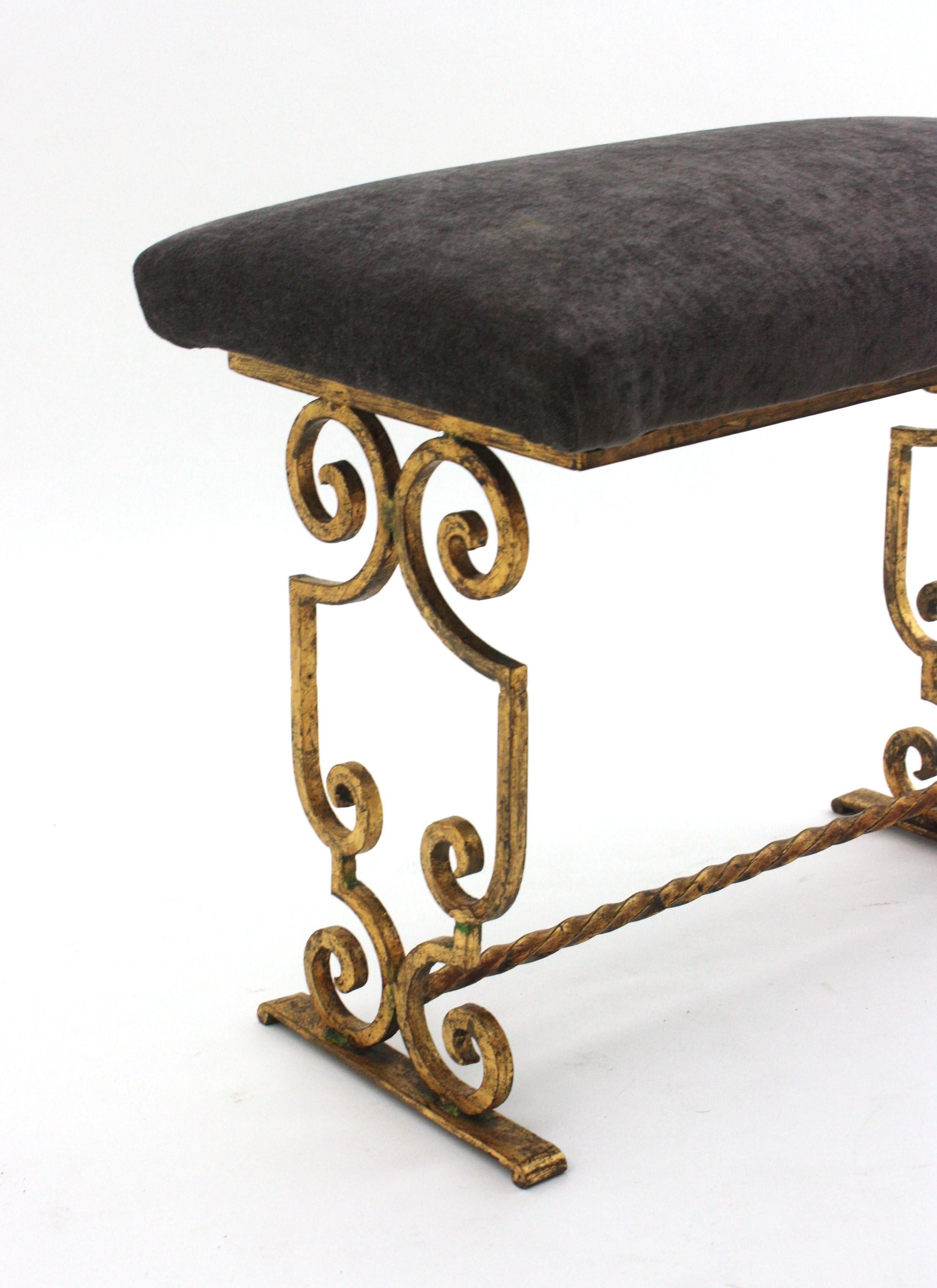 Gilt Wrought Iron Bench / Stool with Gray Velvet Seat, France 1940s For Sale 1