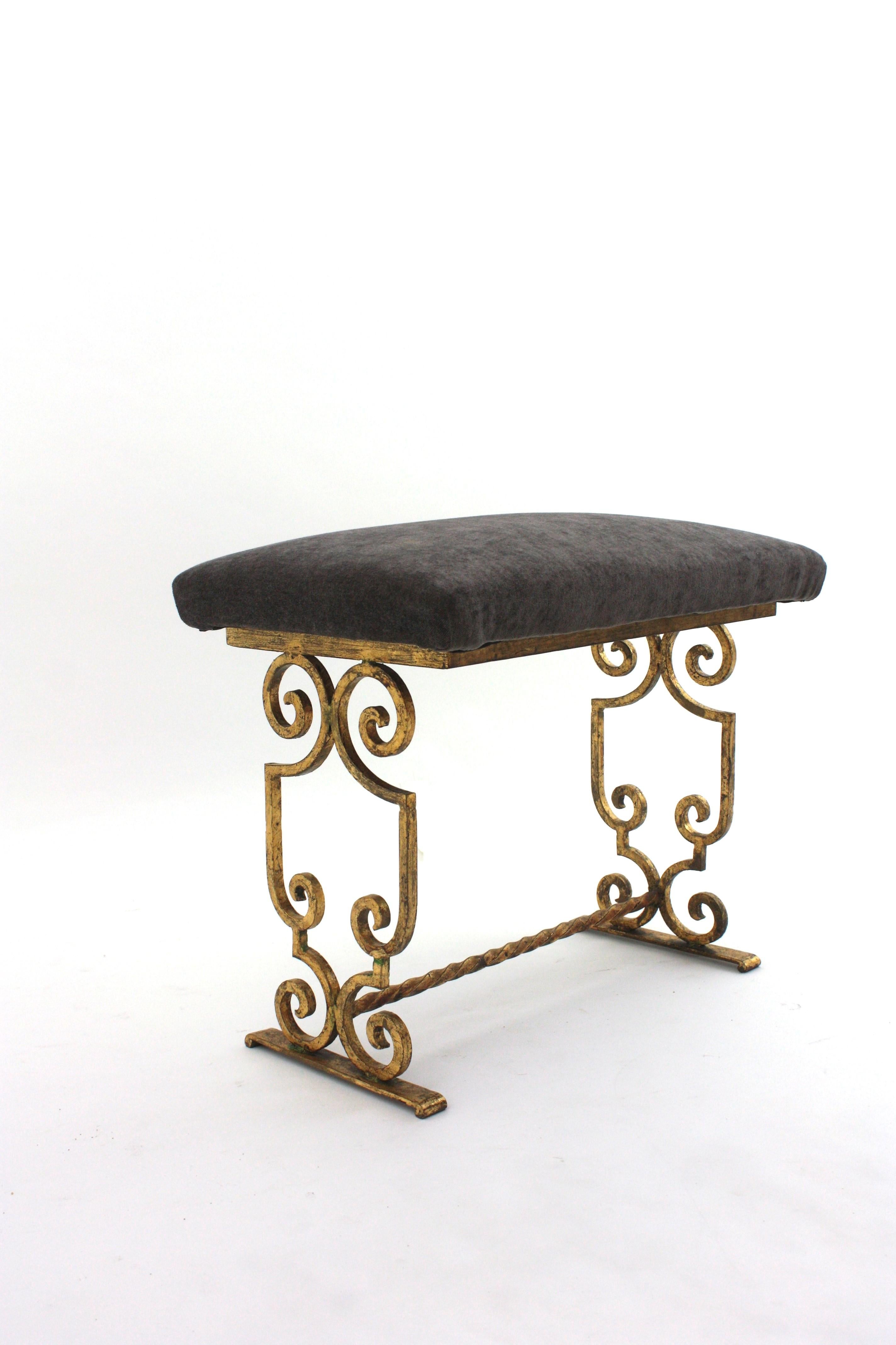 Gilt Wrought Iron Bench / Stool with Gray Velvet Seat, France 1940s For Sale 2