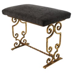 Gilt Wrought Iron Bench / Stool with Gray Velvet Seat, France 1940s