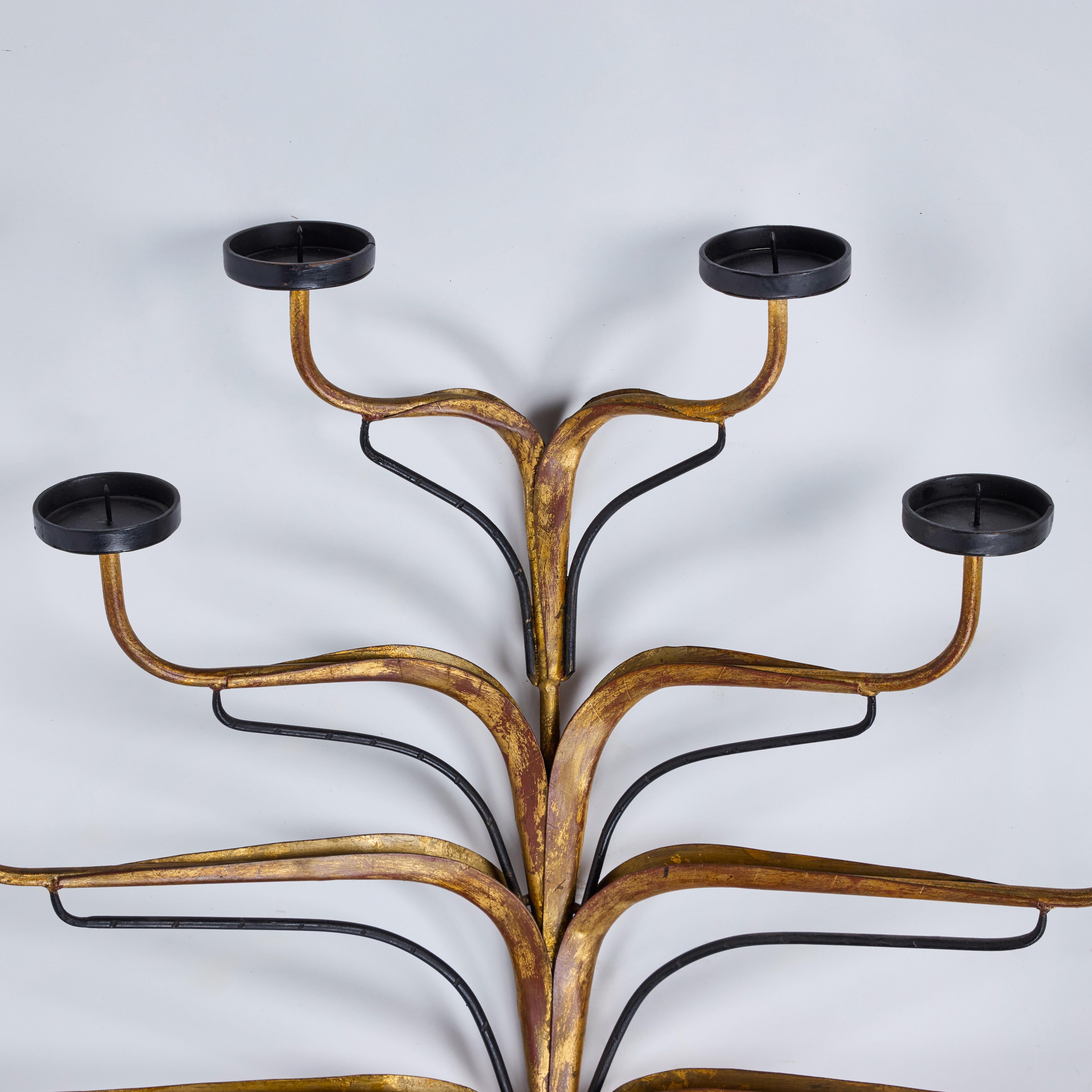 Striking wall mounted candelabra of gilt wrought iron depicting a leaf like design with ten candelabras fanning our from a center stem.