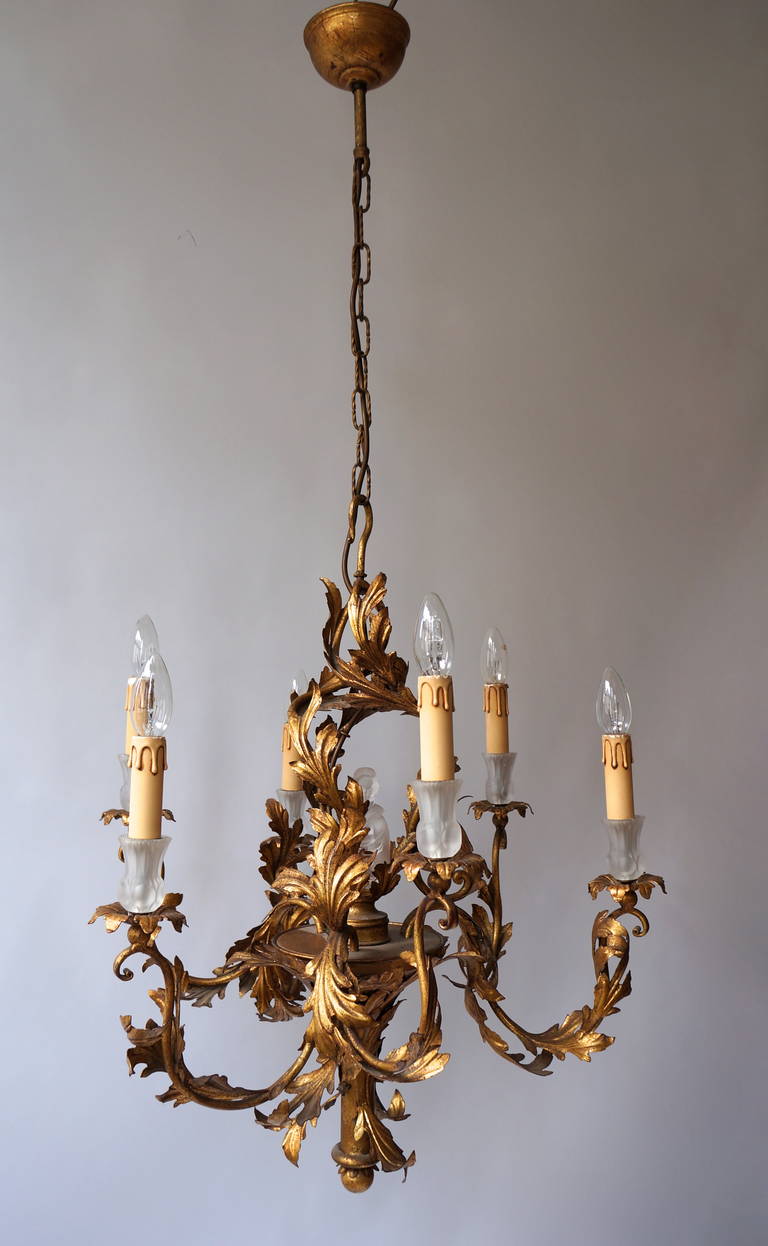 Hollywood Regency Gilt Wrought Iron Chandelier with Japanese Geisha in Crystal For Sale